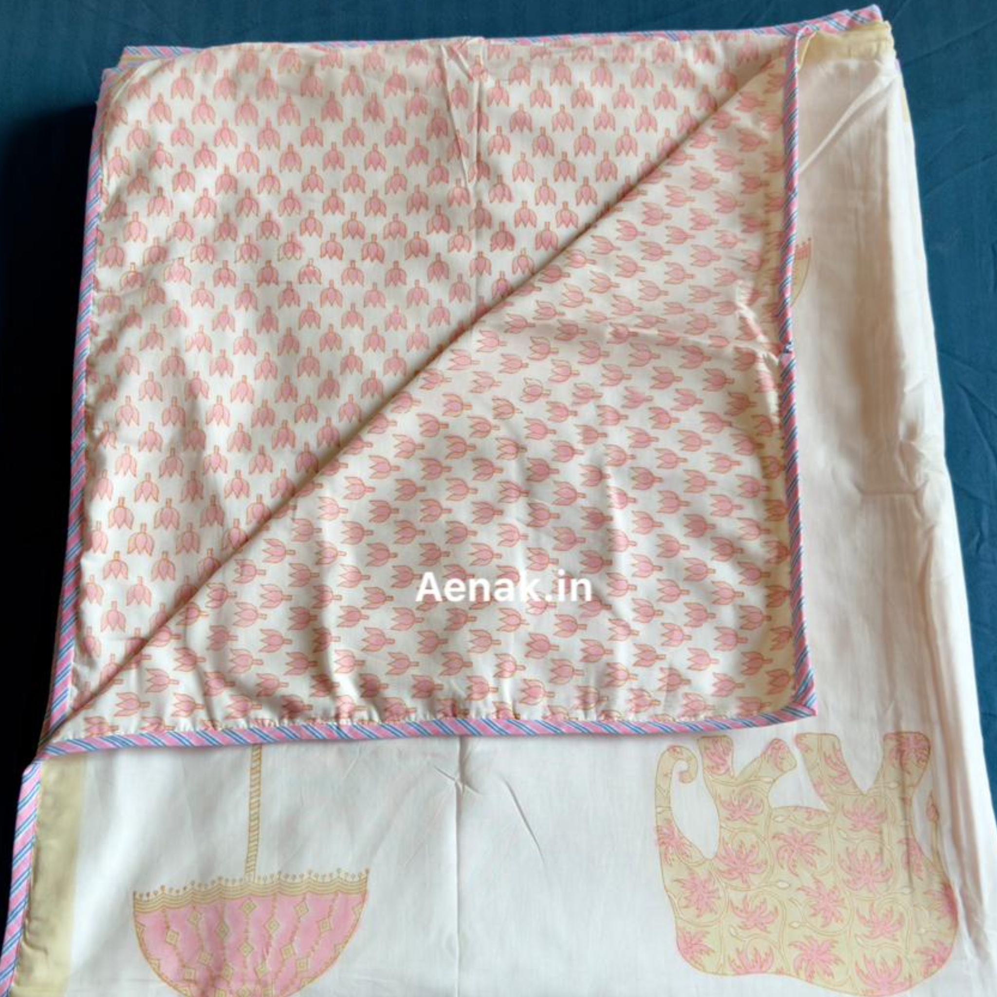 Pink Elephant Handblock Mulmul Cotton Reversible Dohar by Aenak Studios | Tooffi