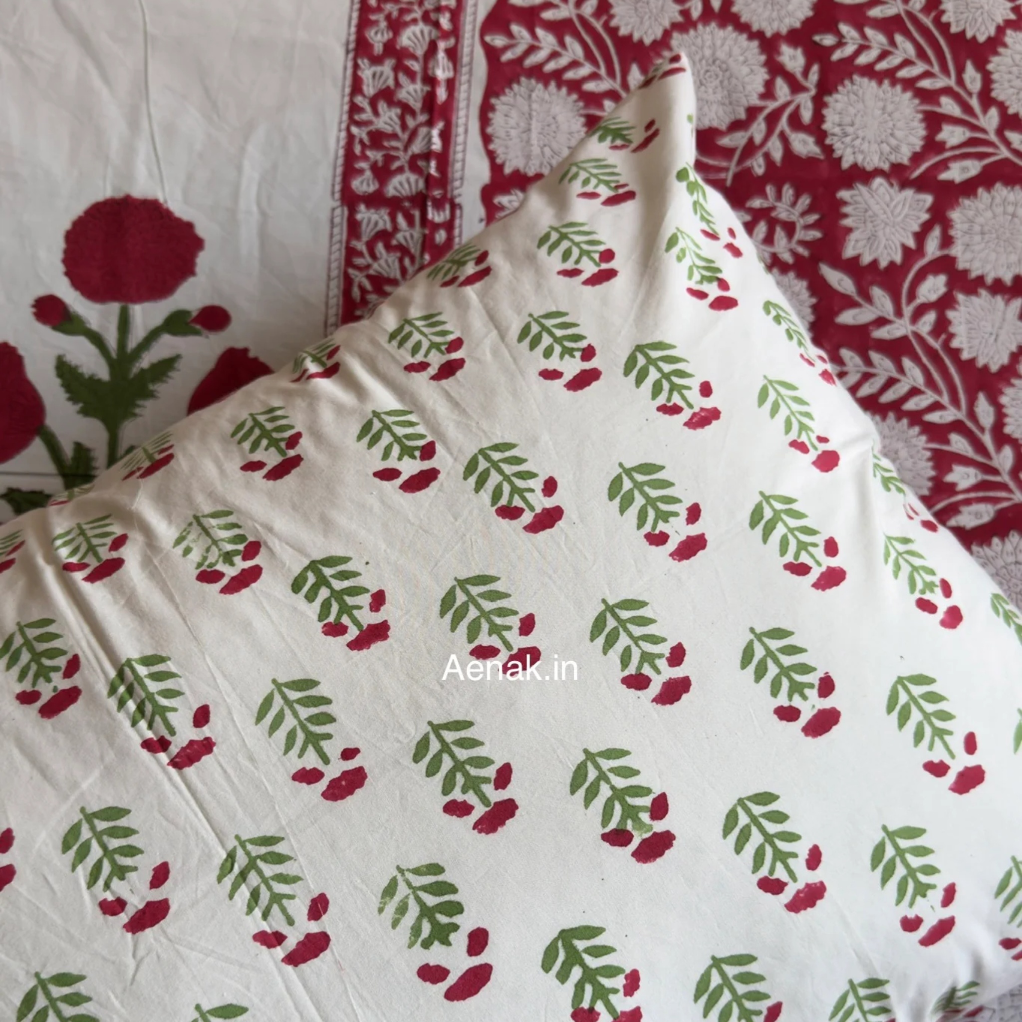 Red Dahlia Gadd Handblock Premium Cotton Bedsheet Set by Aenak Studios | Tooffi