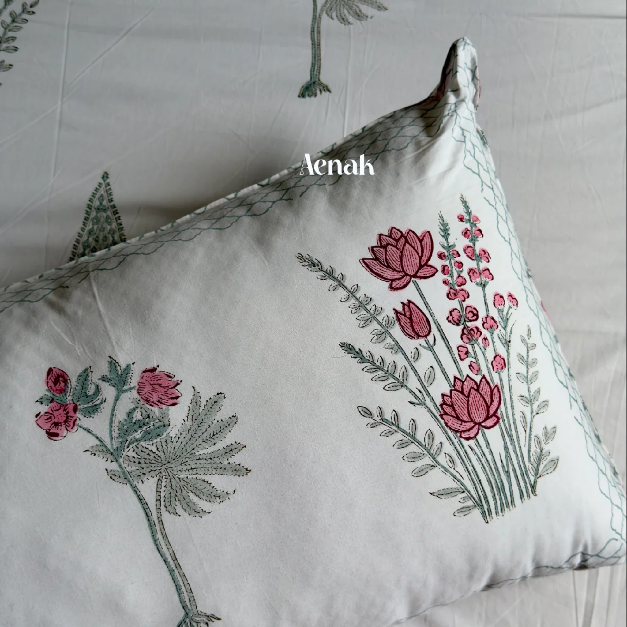 Green Ashoka Handblock Premium Cotton Bedsheet Set by Aenak Studios | Tooffi