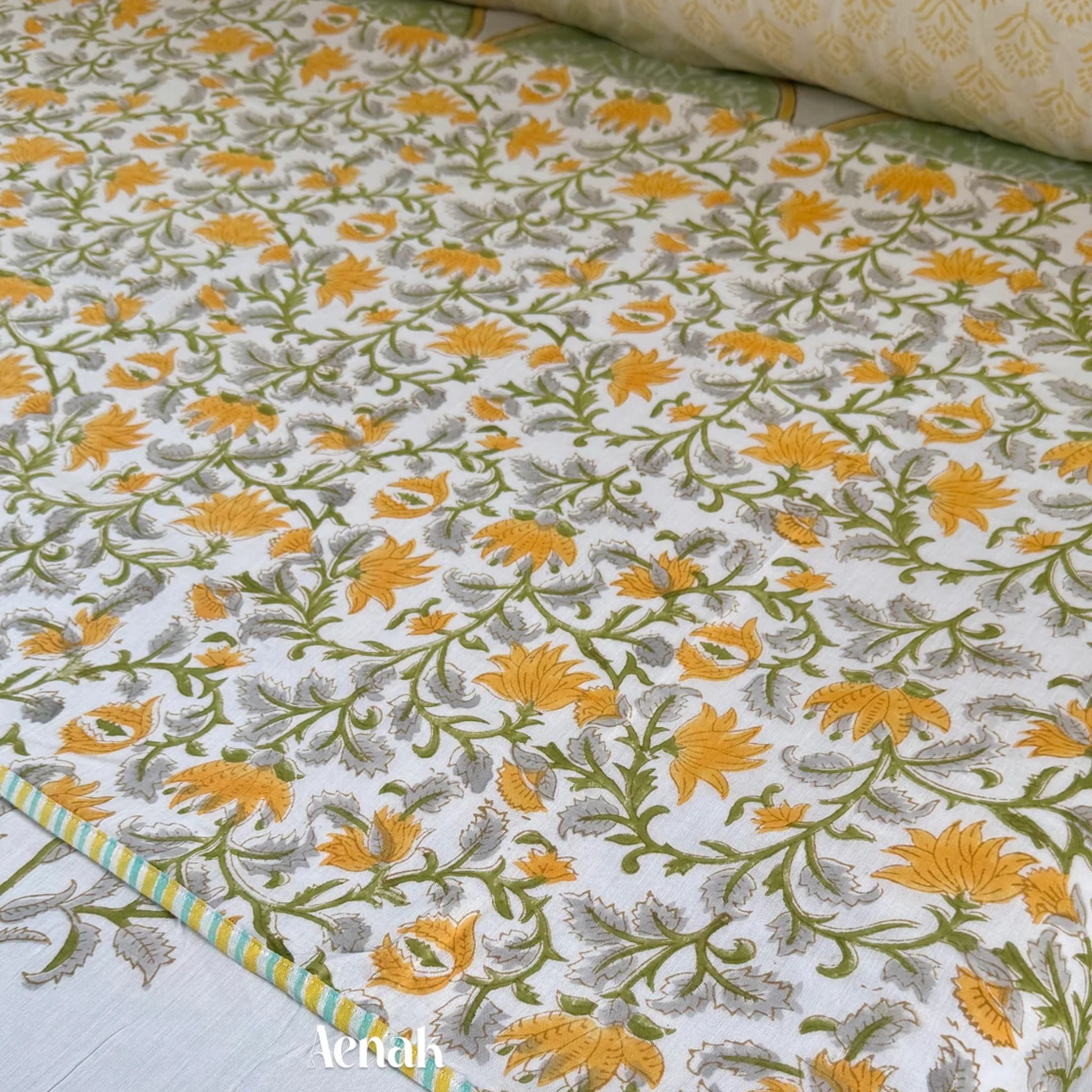 Yellow Dahlia Garden Handblock Mulmul Cotton Reversible Dohar by Aenak Studios | Tooffi