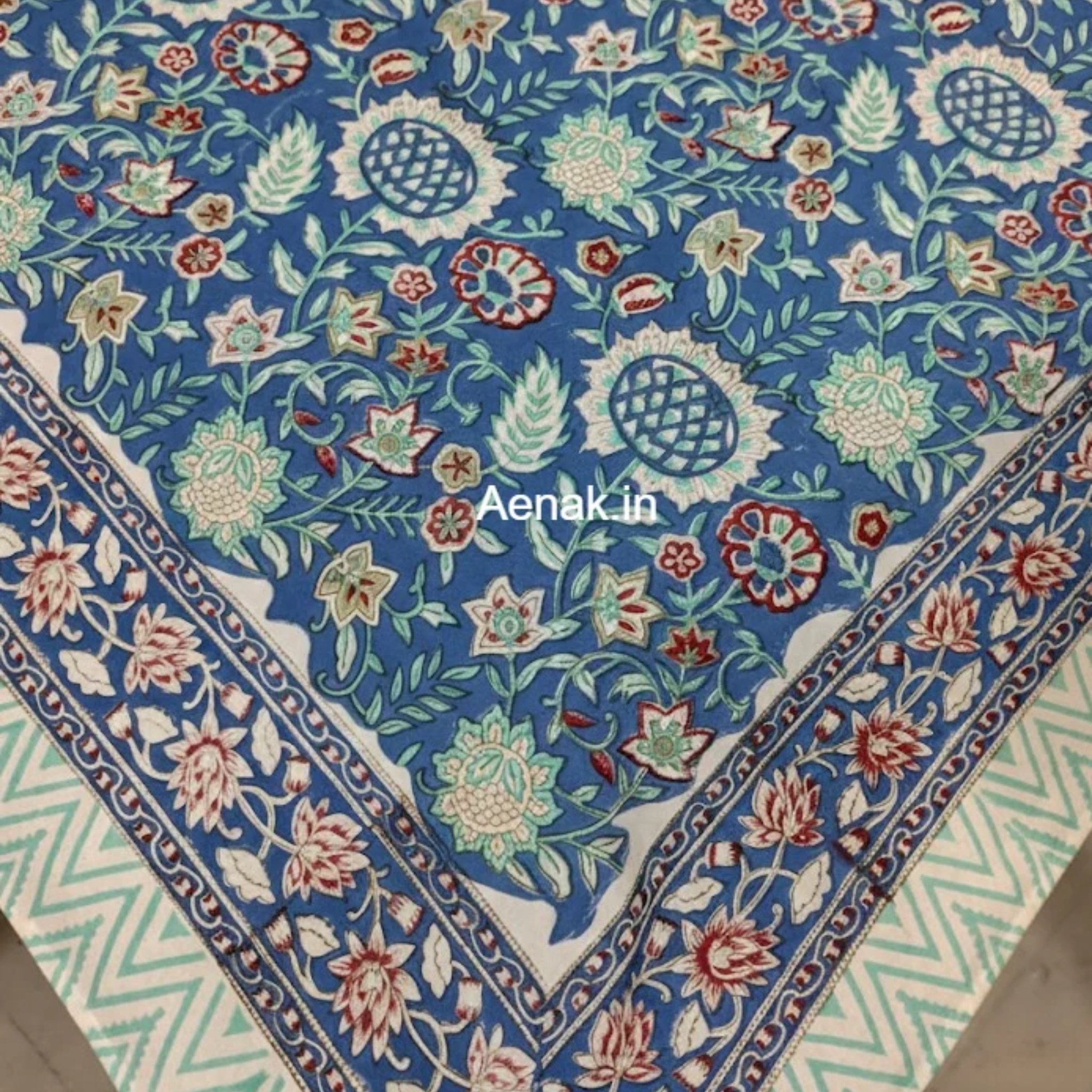 Blue Floral Garden Handblock Table Cover by Aenak Studios | Tooffi