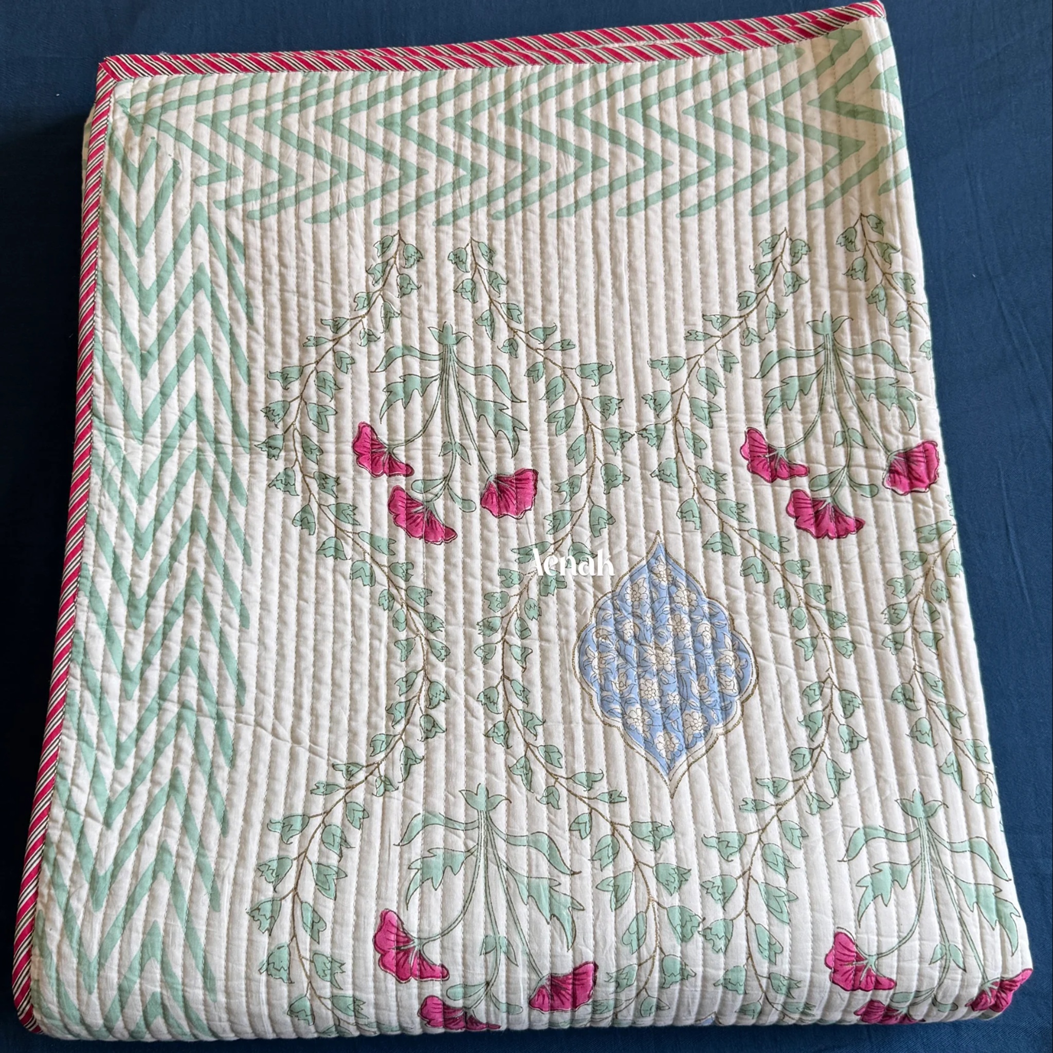 Pink Poppy Handblock Bedsheet + Quilted Bedcover Combo Set (Light Beige Base) by Aenak Studios | Tooffi