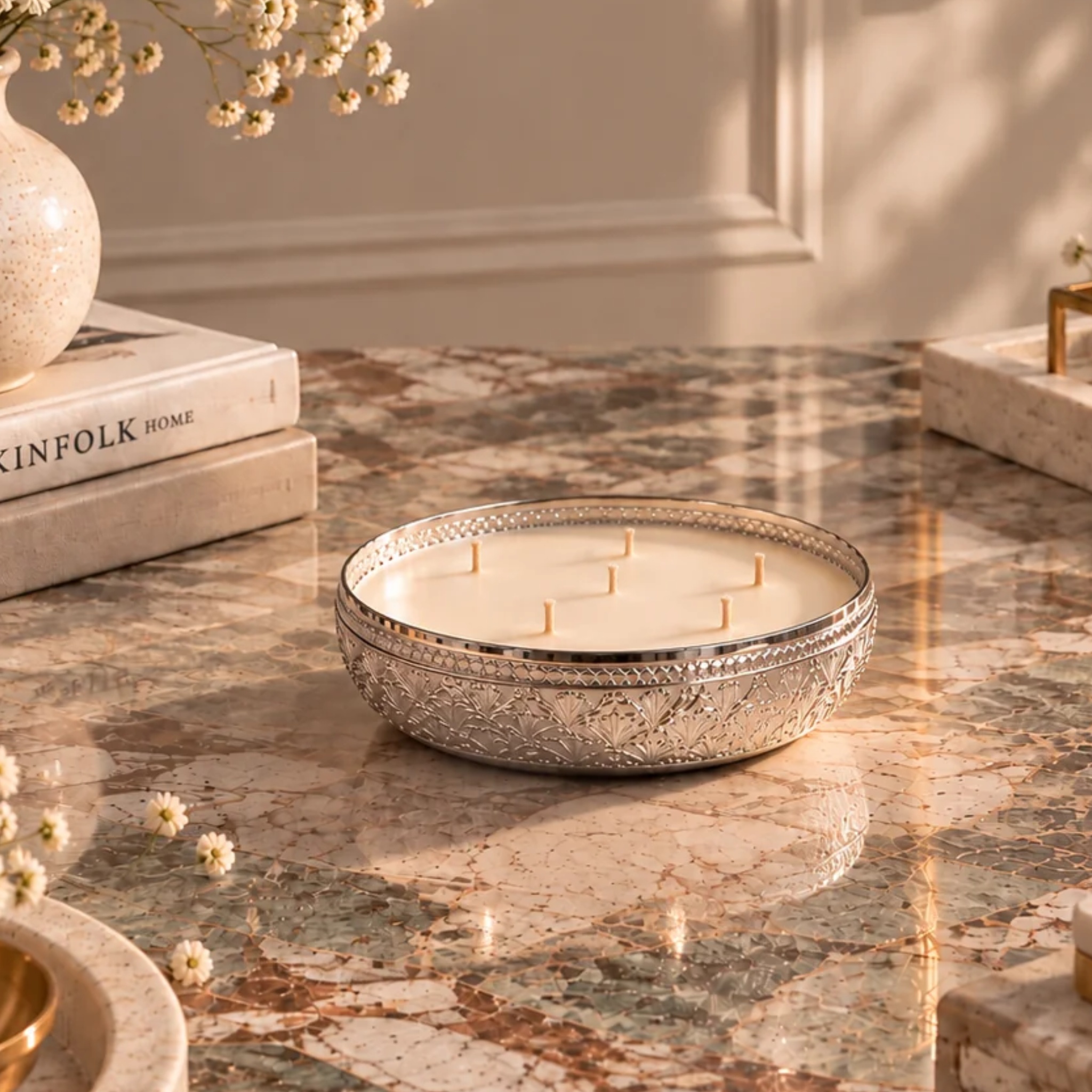 The Noor Collection- Hand Etched Silver Metal Luxury Candles(Grande) by Endora Scented Candles | Tooffi