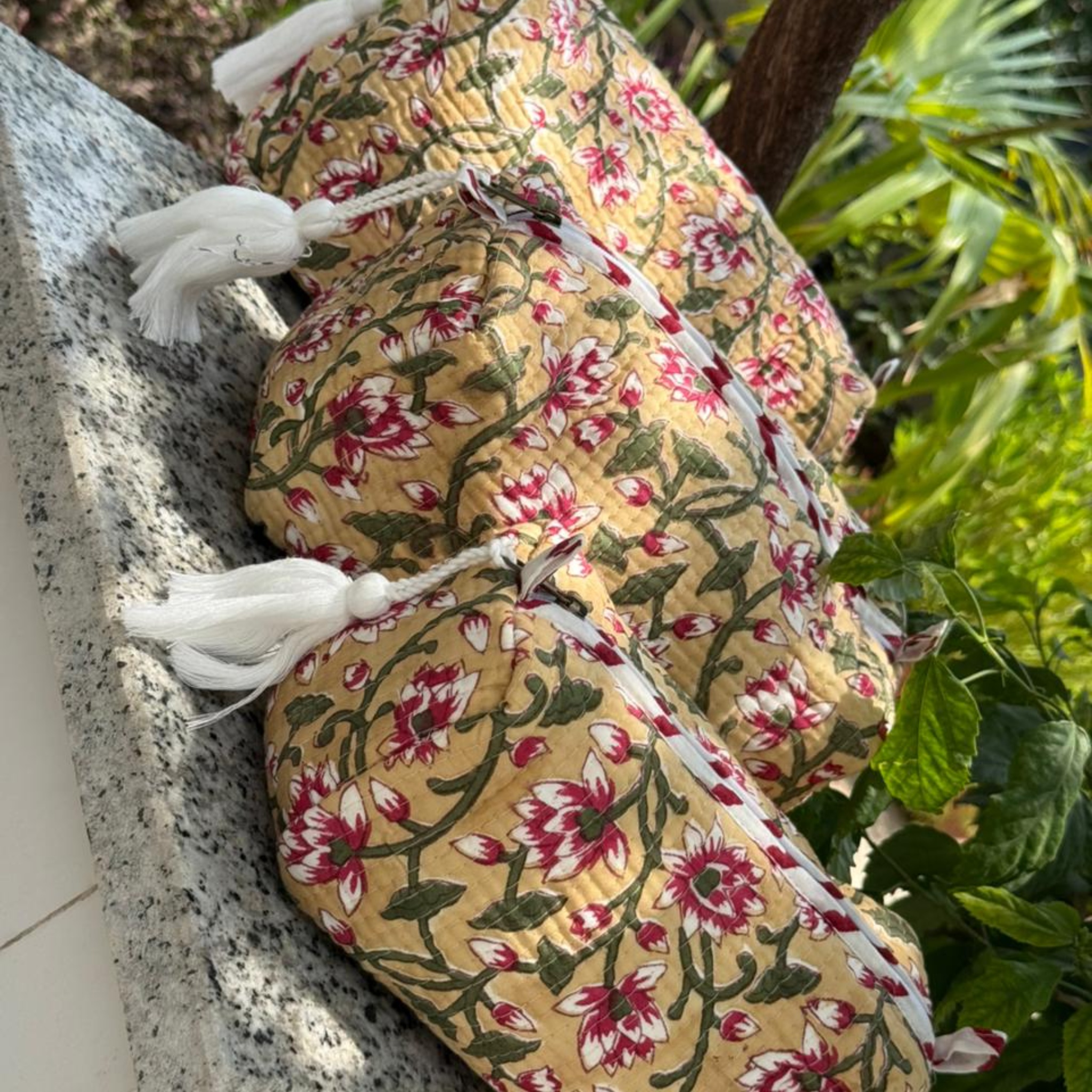 Beige Floral Jaal Quilted Vanity Pouches-Set of 3 by Aenak Studios | Tooffi
