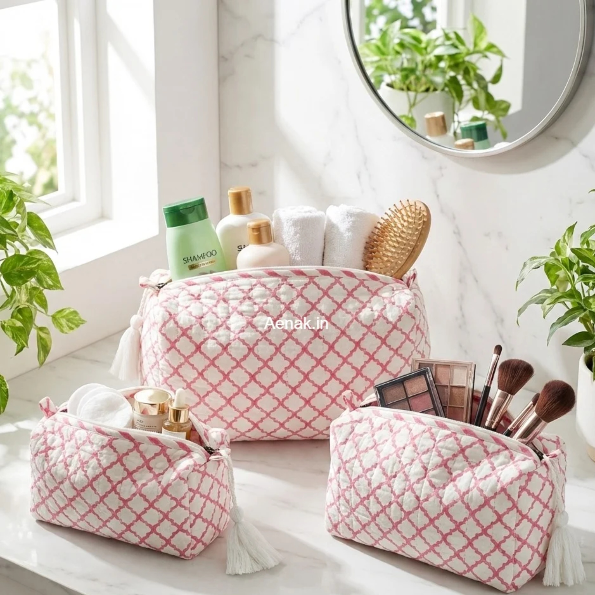 Pink Jaal Quilted Vanity Pouches-Set of 3 by Aenak Studios | Tooffi