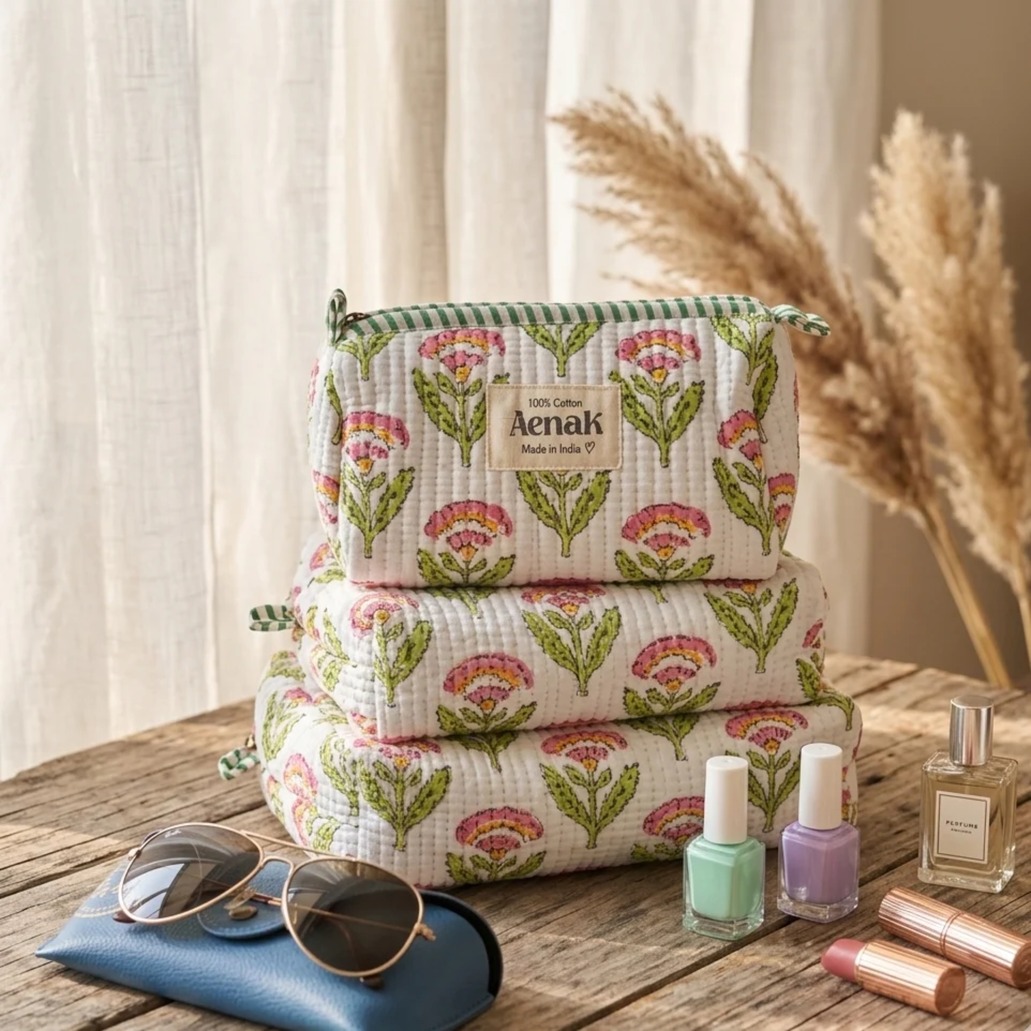 White Floral Garden Quilted Vanity Pouches-Set of 3 by Aenak Studios | Tooffi