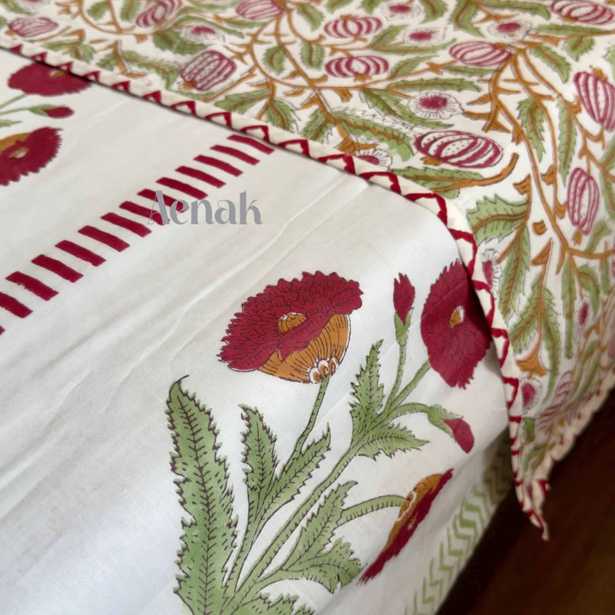 Red Dahlia Handblock Mulmul Cotton Reversible Dohar by Aenak Studios | Tooffi