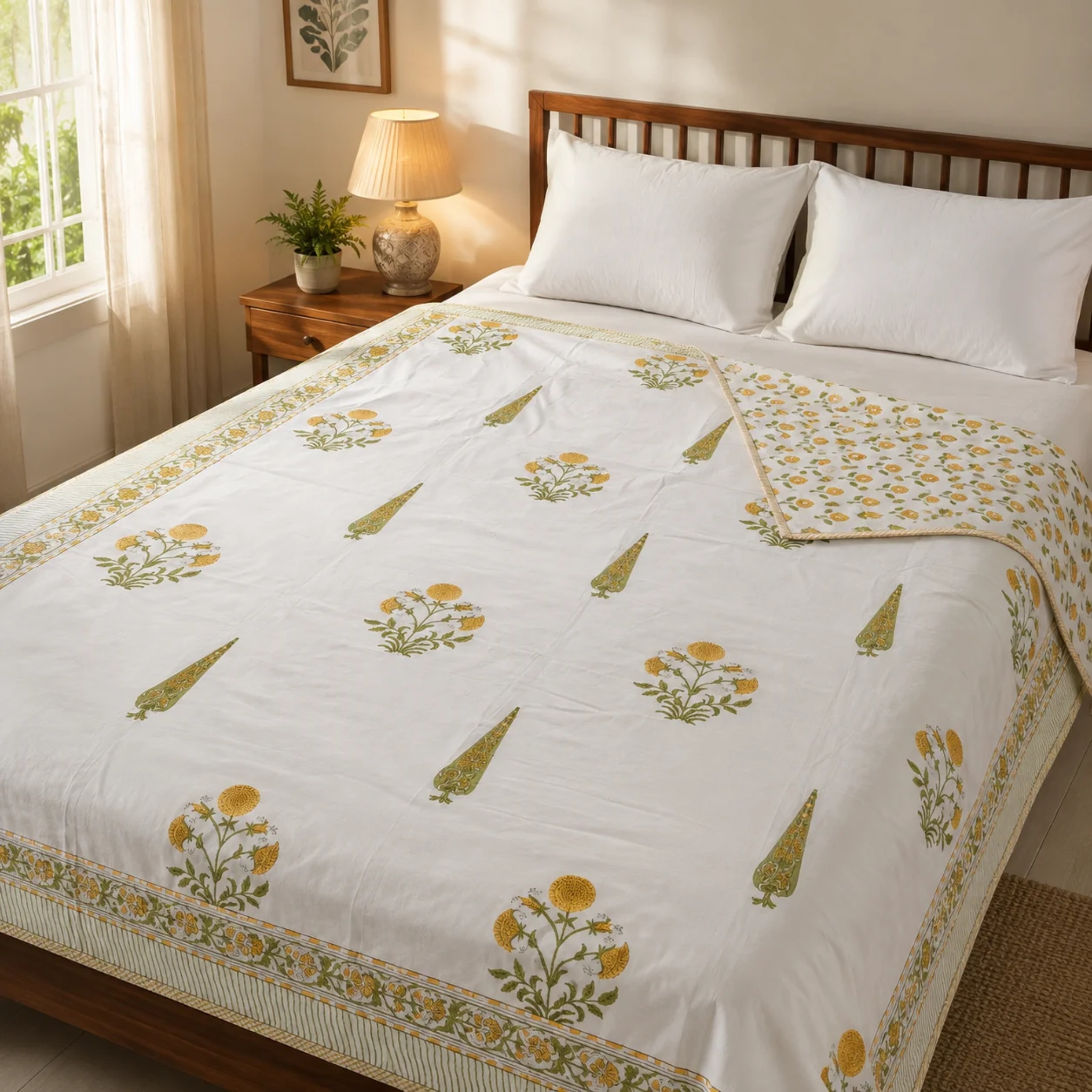 Yellow Dahlia Handblock Bedsheet + Dohar Combo Set by Aenak Studios | Tooffi