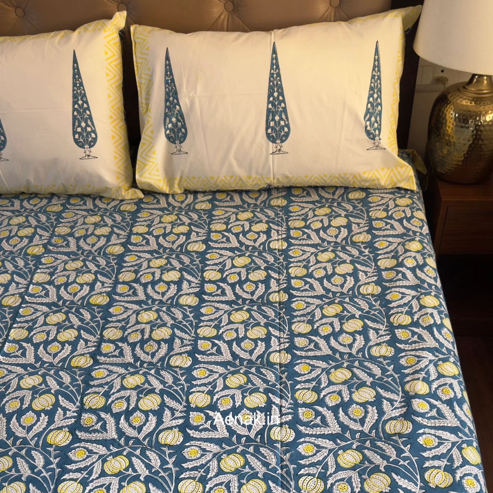 Blue Yellow Anaar Handblock Premium Cotton Bedsheet Set by Aenak Studios | Tooffi