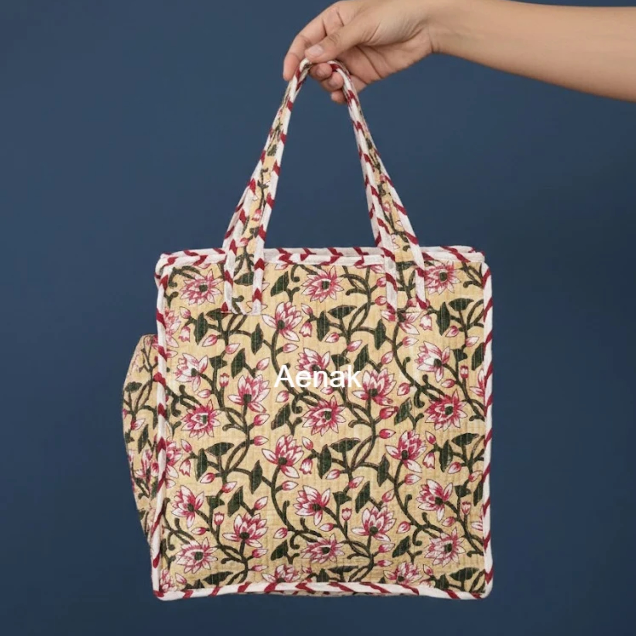 Beige Floral Jaal Handblock Lunch Bag by Aenak Studios | Tooffi