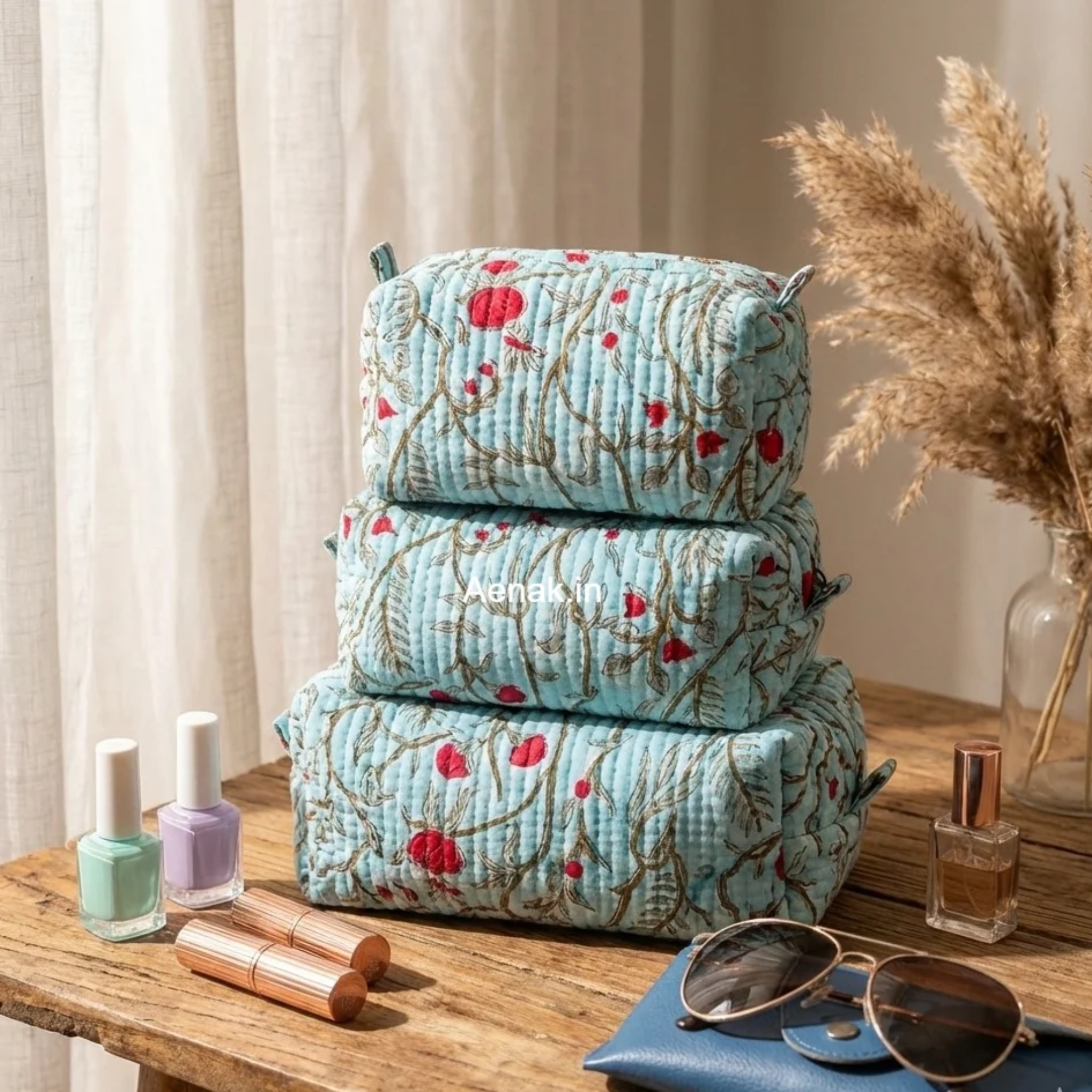 Red Floral Jaal Quilted Vanity Pouches-Set of 3 by Aenak Studios | Tooffi