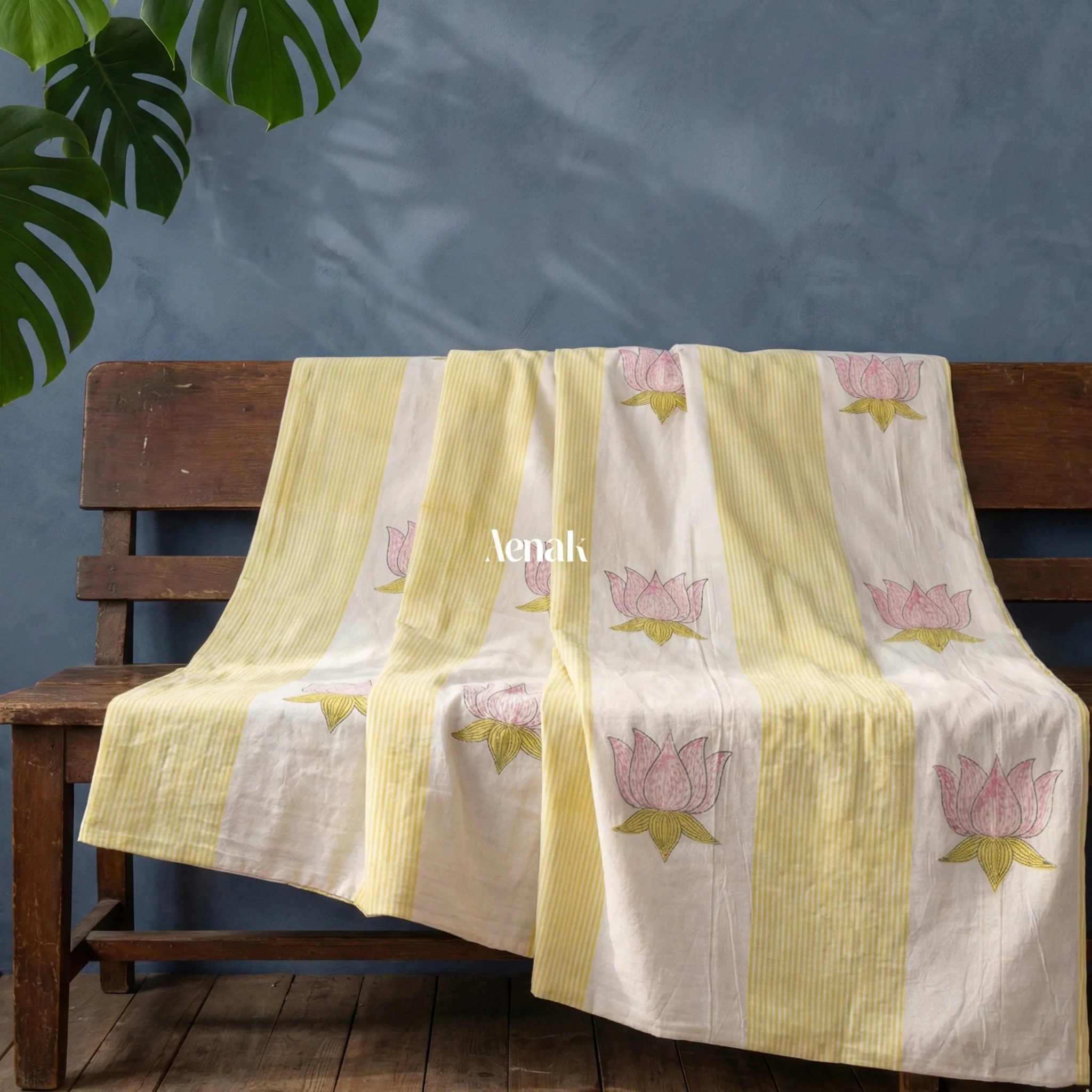 Pichwai Lotus Handblock Mulmul Cotton Reversible Dohar by Aenak Studios | Tooffi
