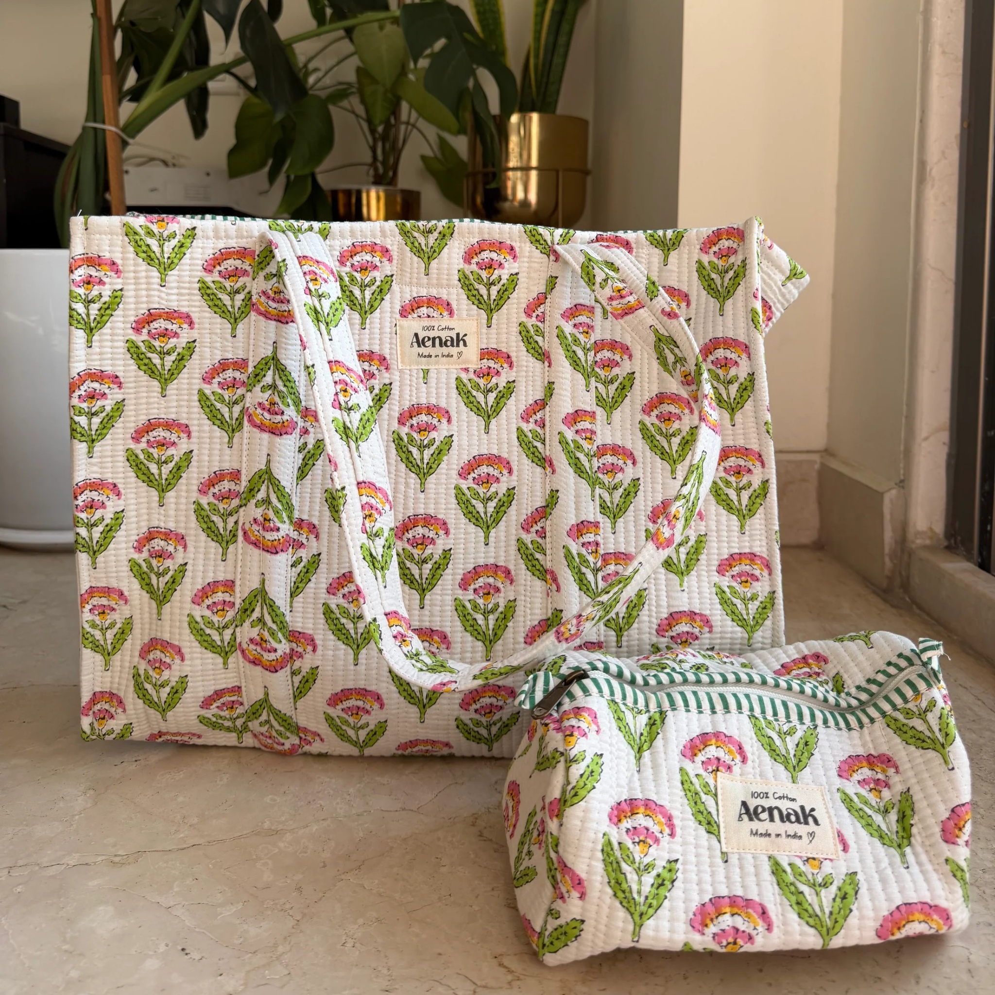 White Floral Garden Quilted Cotton Travel Bag + Vanity Pouch by Aenak Studios | Tooffi