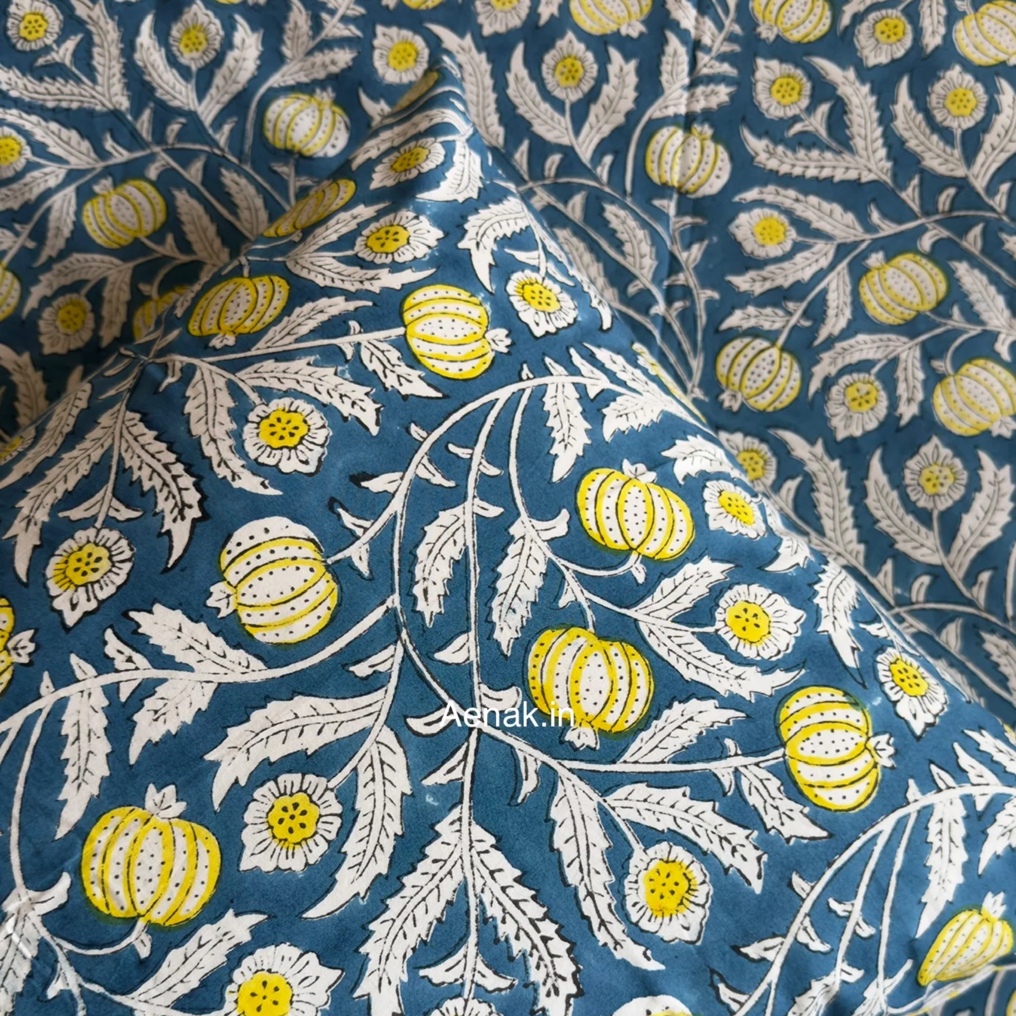 Blue Yellow Anaar Handblock Premium Cotton Bedsheet Set by Aenak Studios | Tooffi