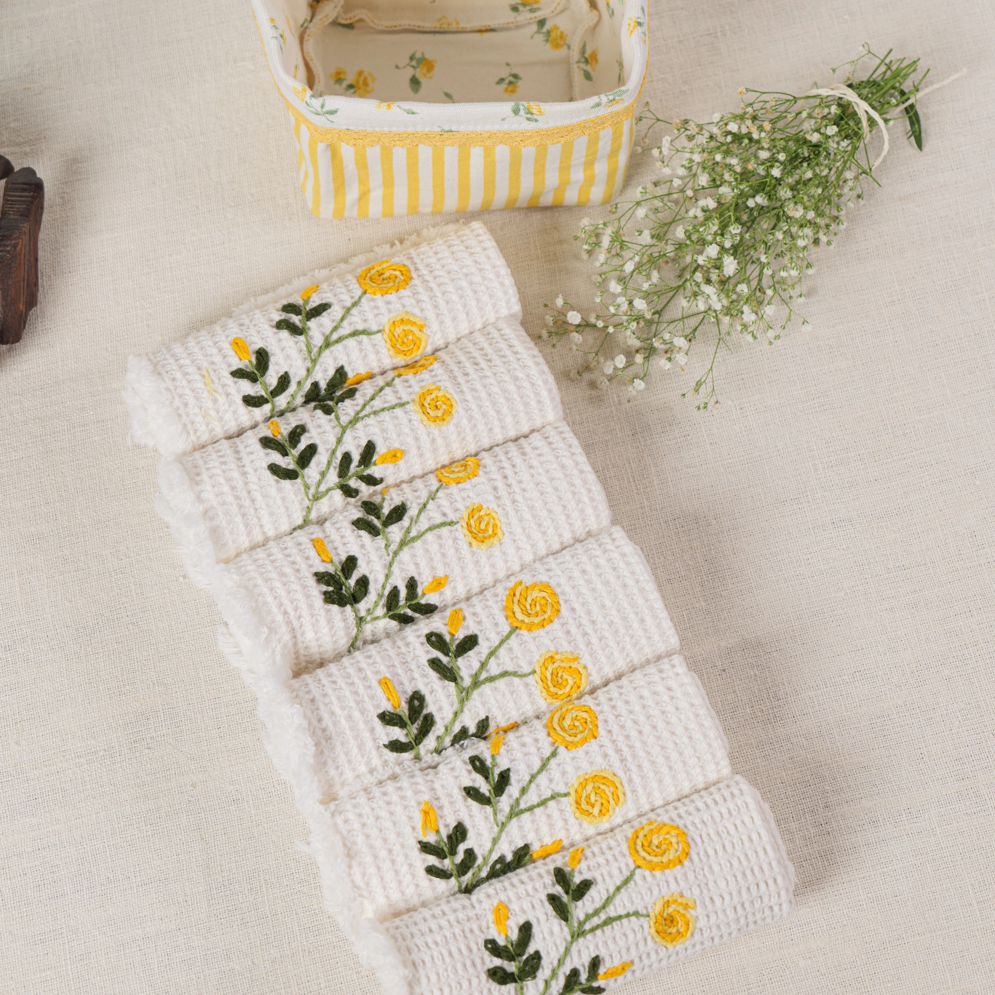 Sunshine Yellow Tiny Rose Embroidered Bun Basket by Ammorada | Tooffi