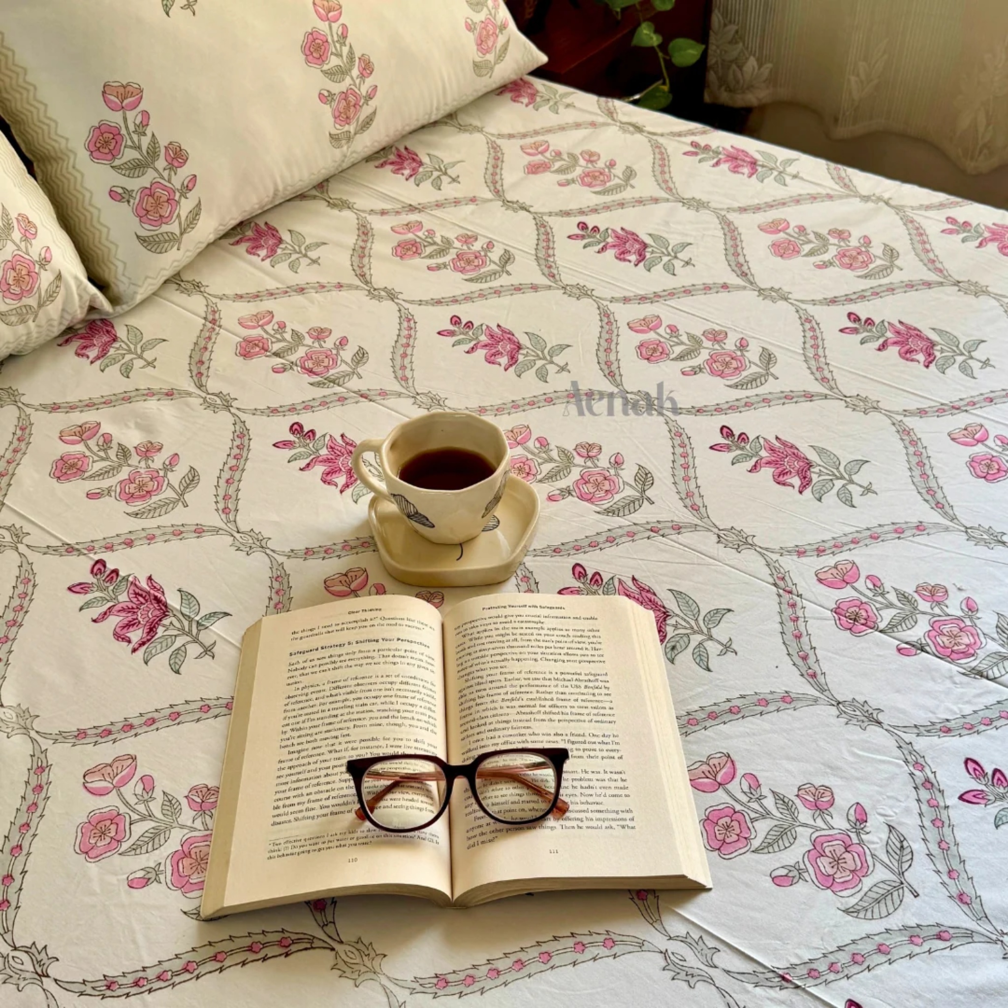 Pink Periwinkle Jaal Handblock Premium Cotton Bedsheet Set by Aenak Studios | Tooffi