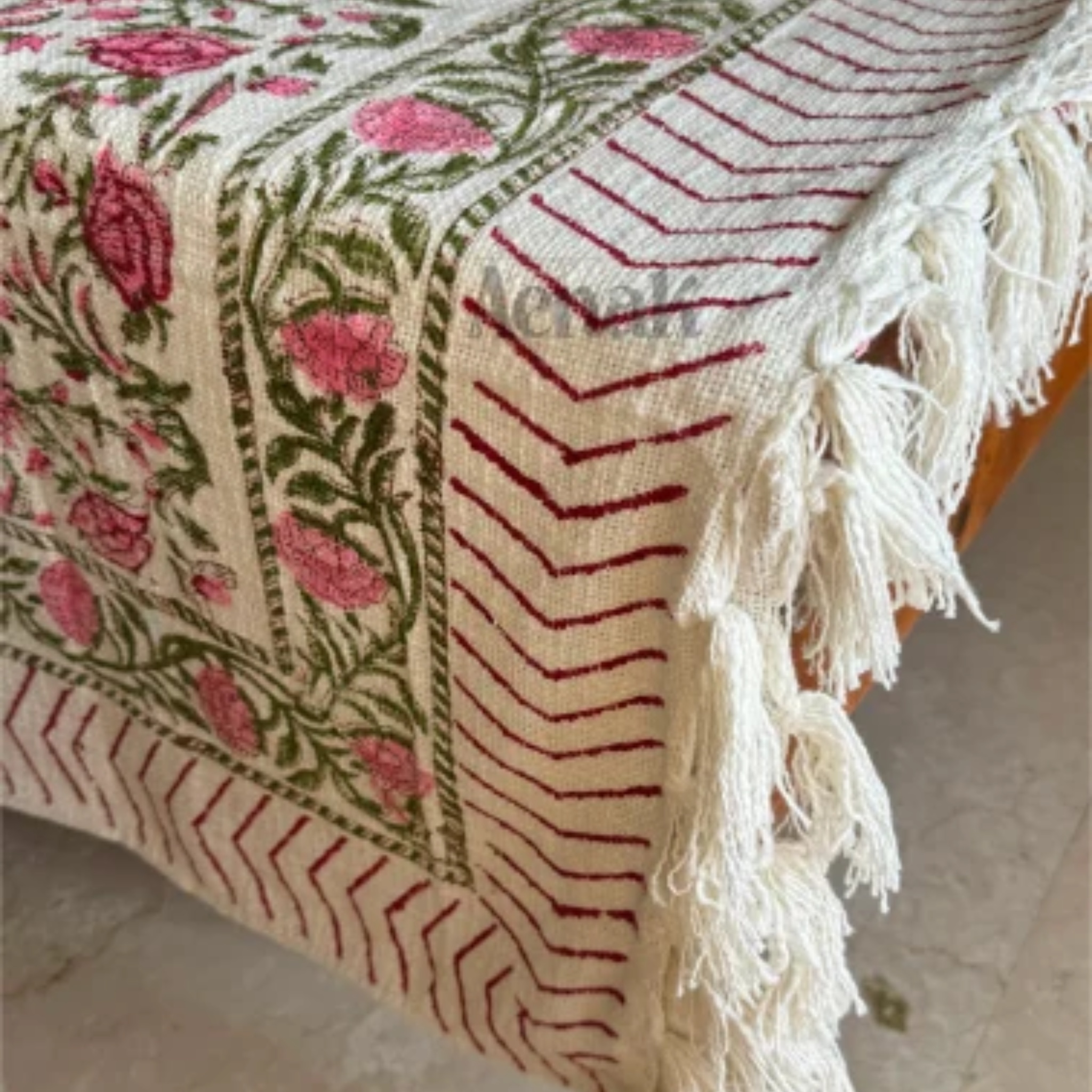 Handblock Jute Cotton Dhurrie — Pink by Aenak Studios | Tooffi