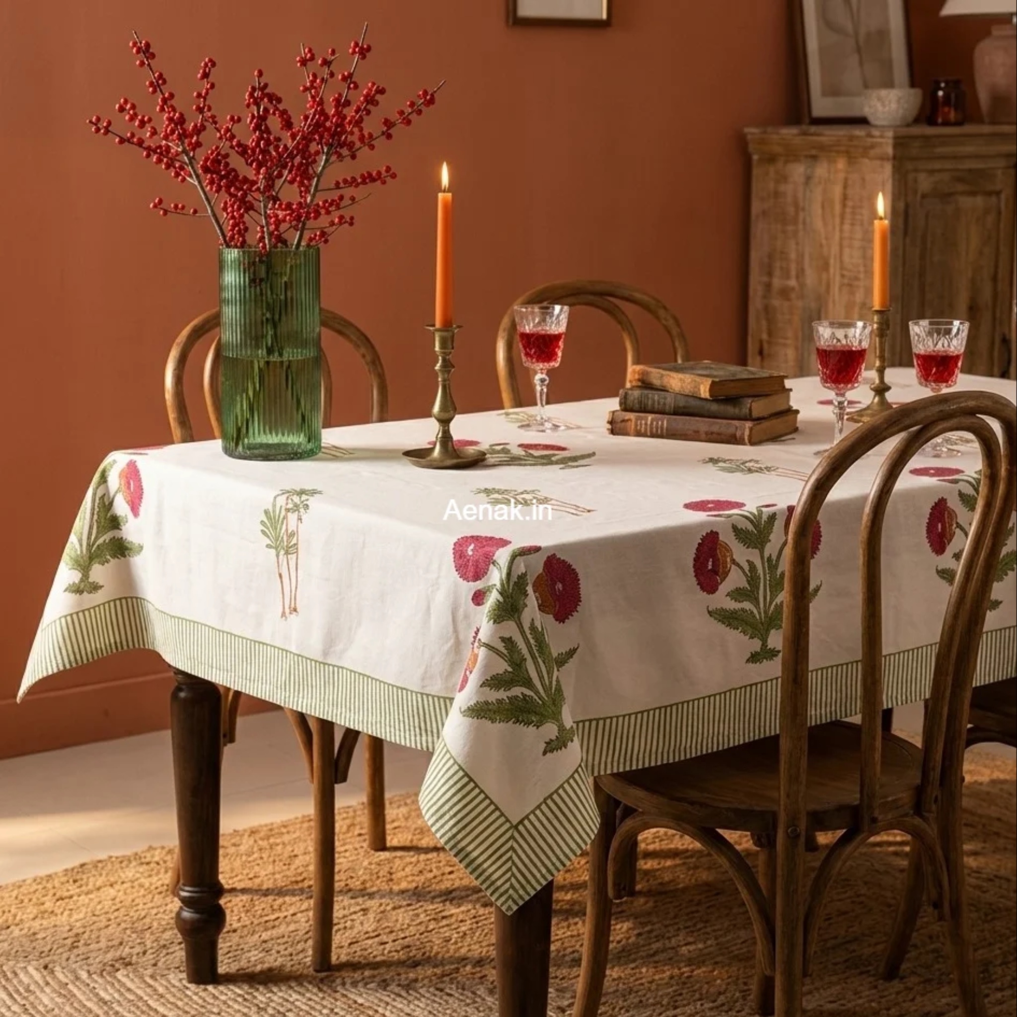 Red Dahlia Handblock Table Cover by Aenak Studios | Tooffi