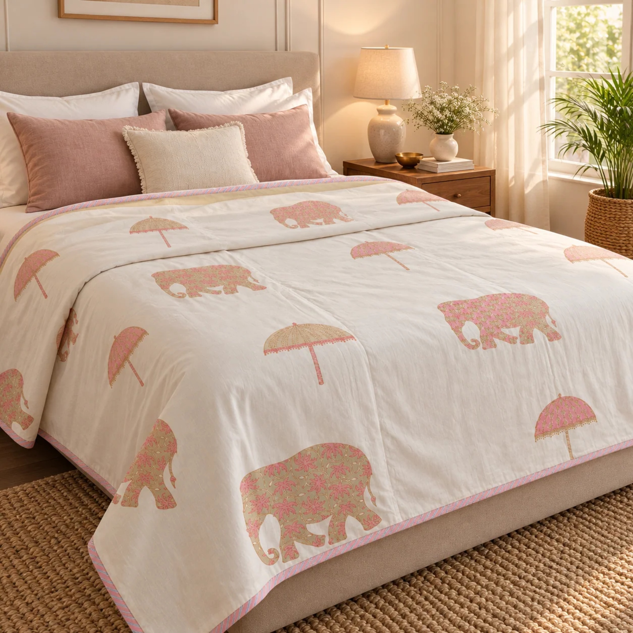 Pink Elephant Handblock Mulmul Cotton Reversible Dohar by Aenak Studios | Tooffi