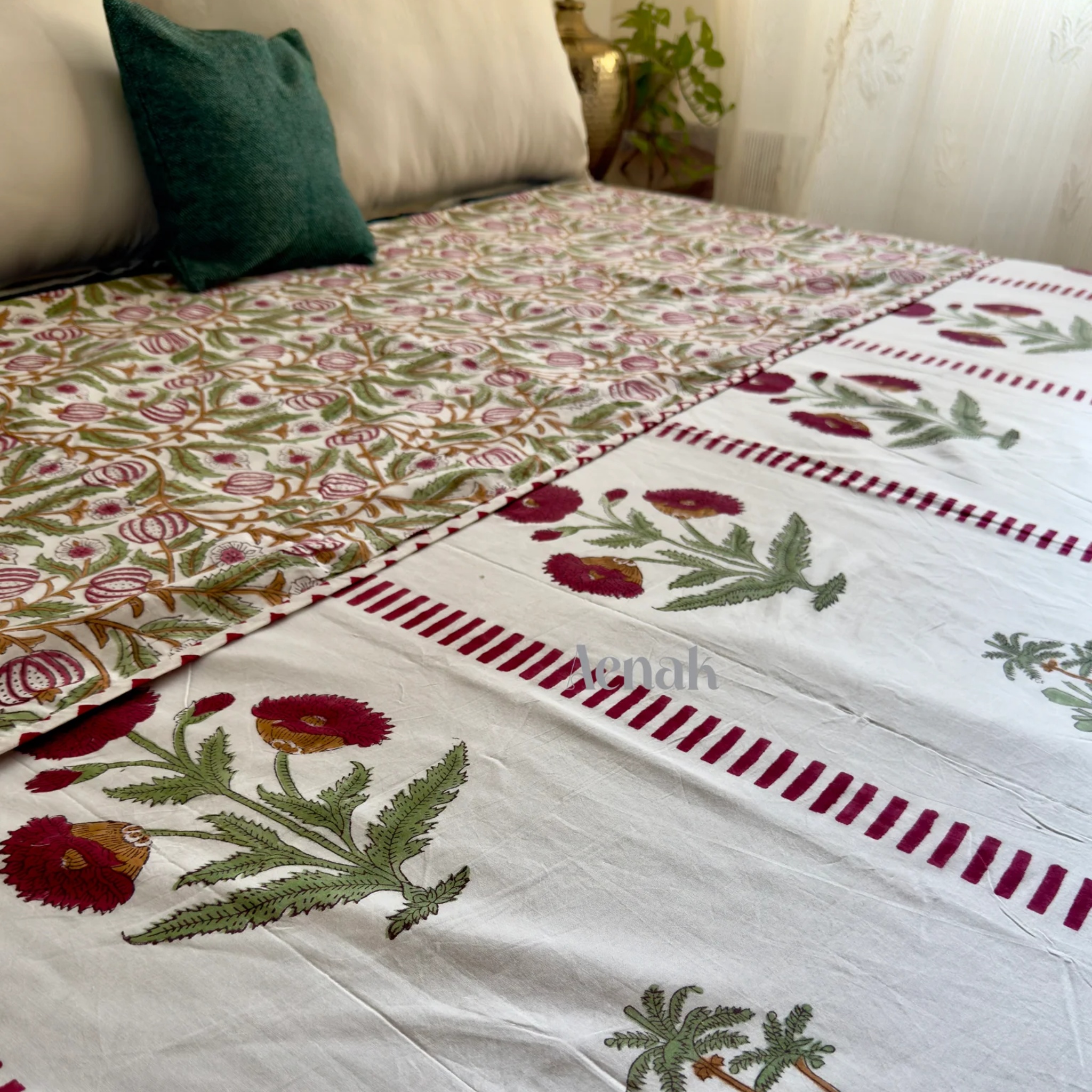Red Dahlia Handblock Mulmul Cotton Reversible Dohar by Aenak Studios | Tooffi