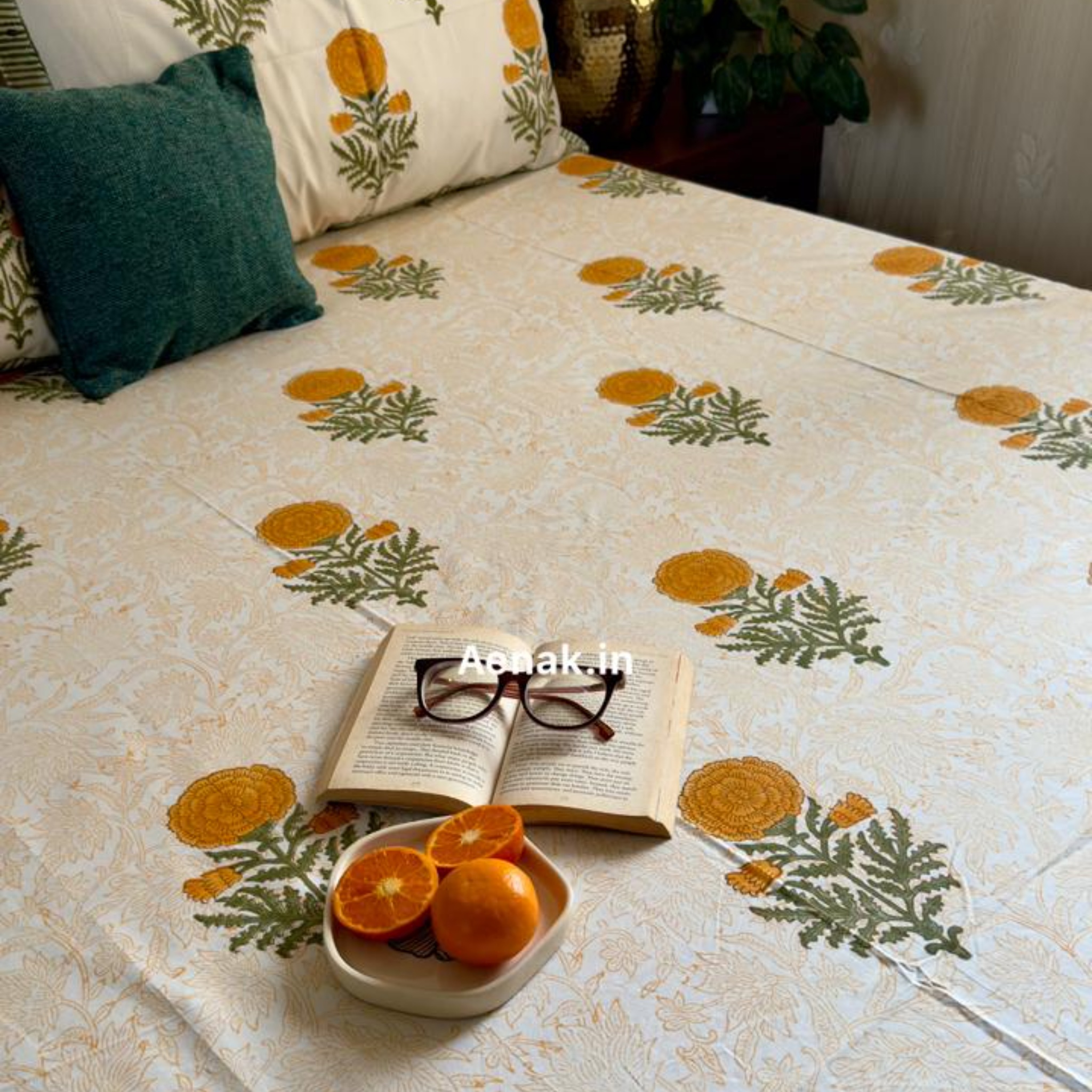 Turmeric Yellow Paani Jaal Handblock Premium Cotton Bedsheet Set by Aenak Studios | Tooffi
