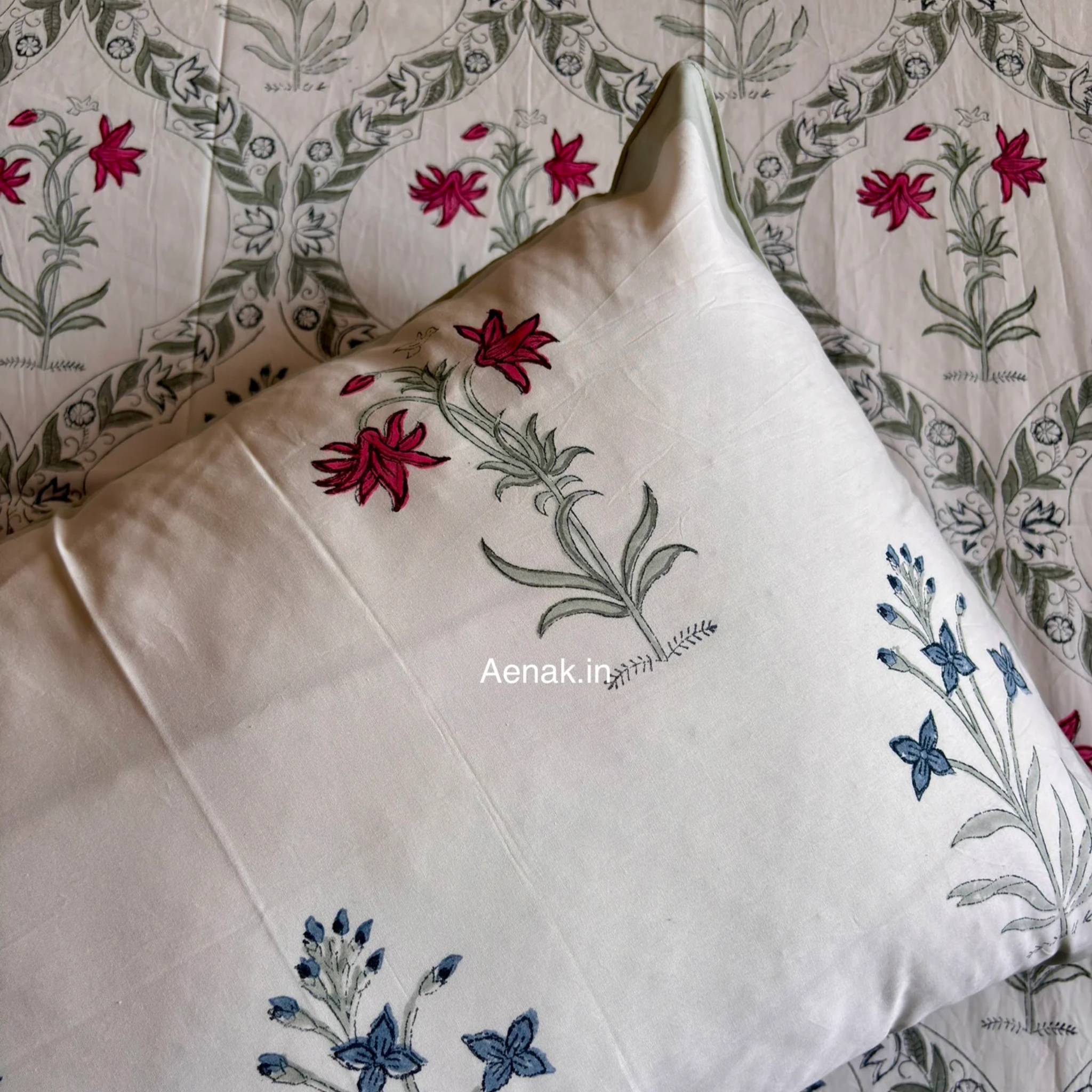 Pink Blue Floral Jaal Handblock Premium Cotton Bedsheet Set by Aenak Studios | Tooffi