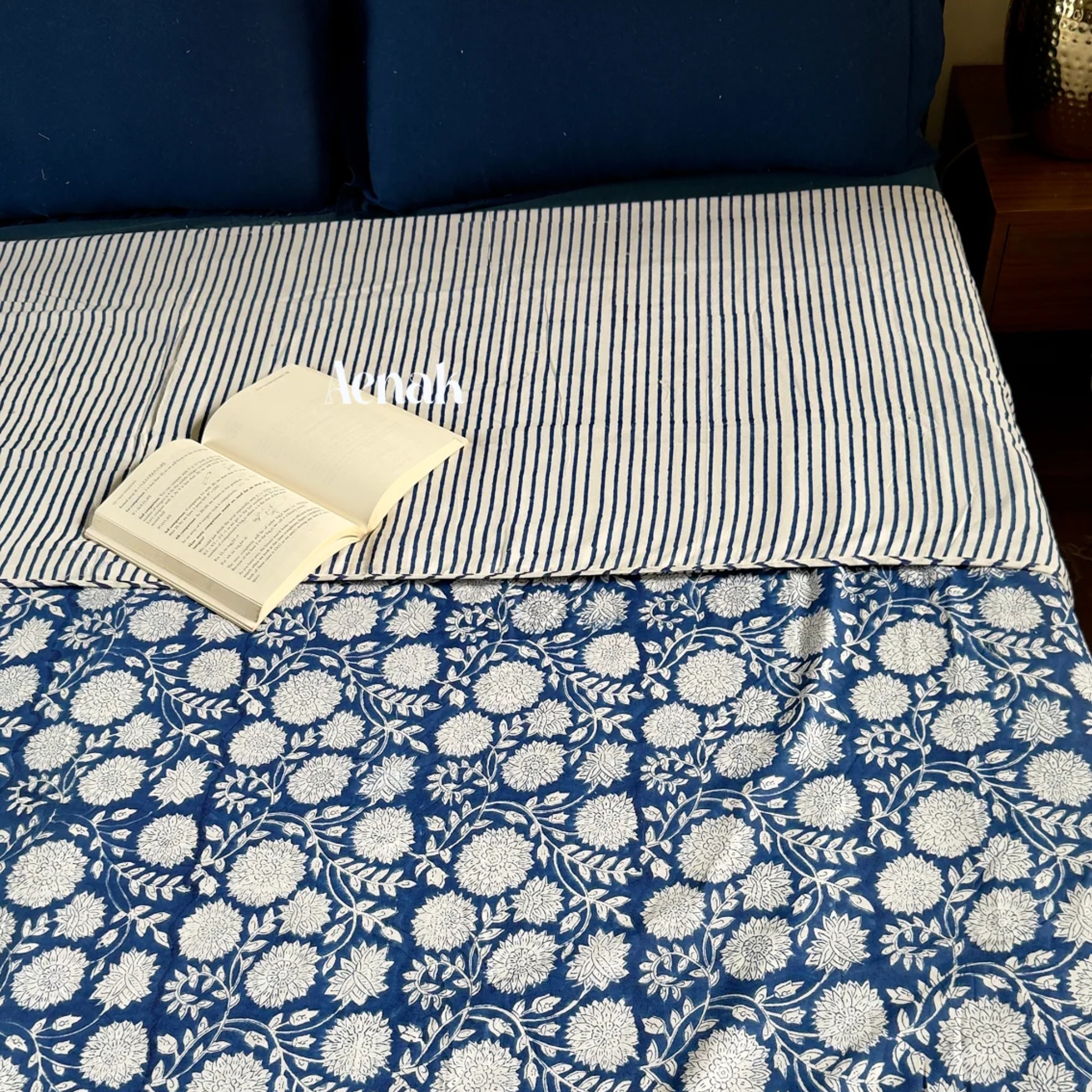 Blue Floral Garden Handblock Mulmul Cotton Reversible Dohar by Aenak Studios | Tooffi