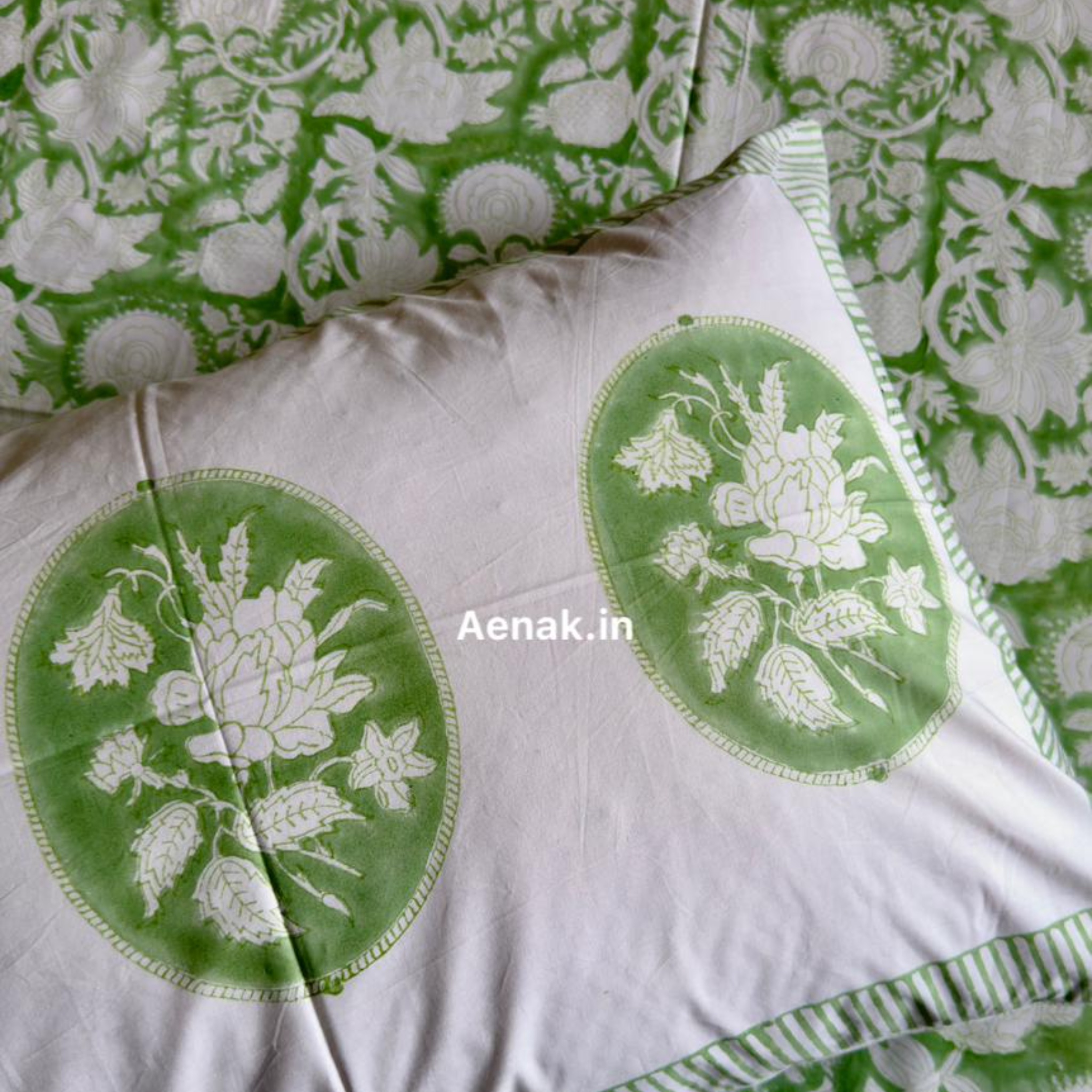 Green Garden Handblock Bedsheet + Quilted Bedcover Combo Set by Aenak Studios | Tooffi