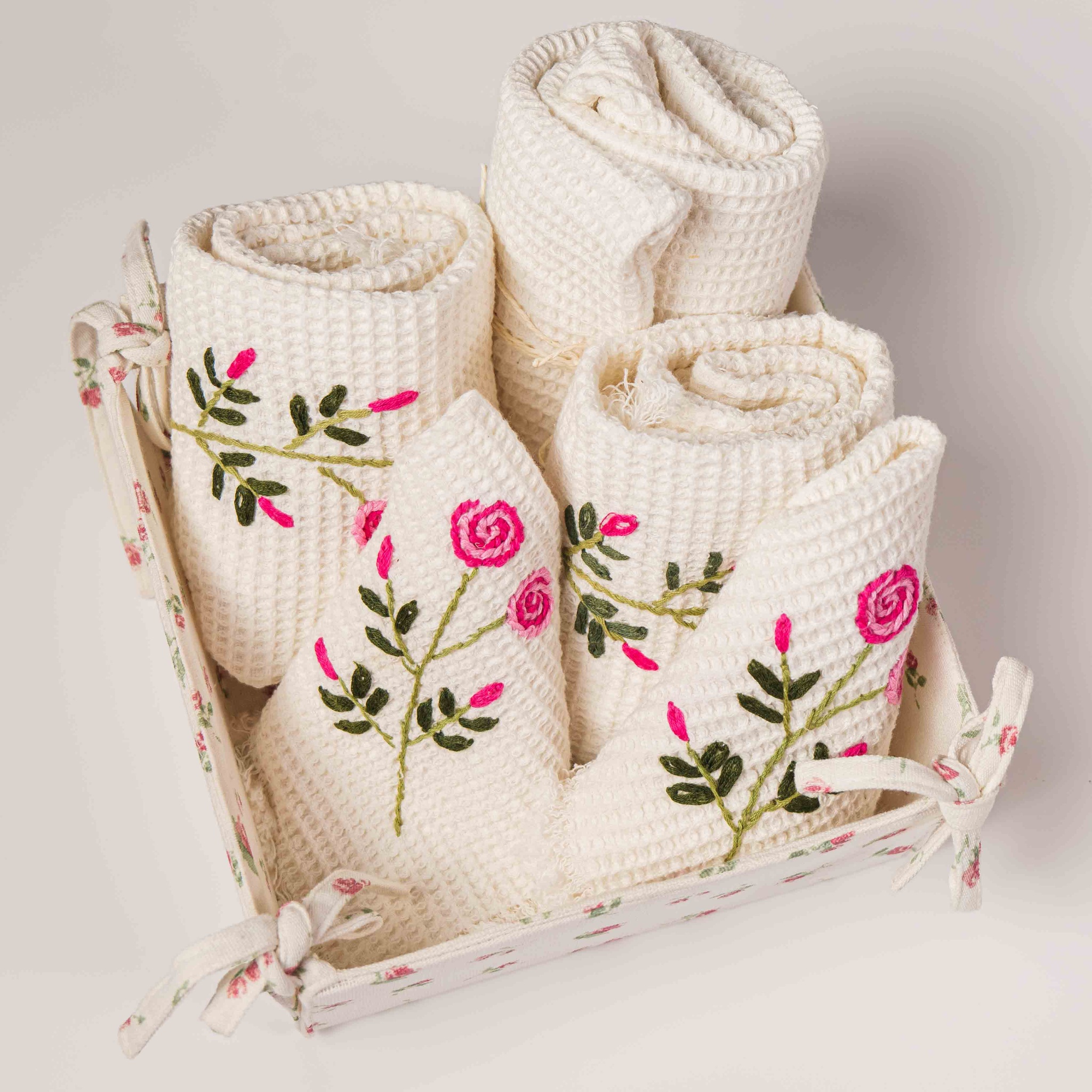 Tiny Rose Embroidered Vanity Basket Pure Cotton - Pink by Ammorada | Tooffi