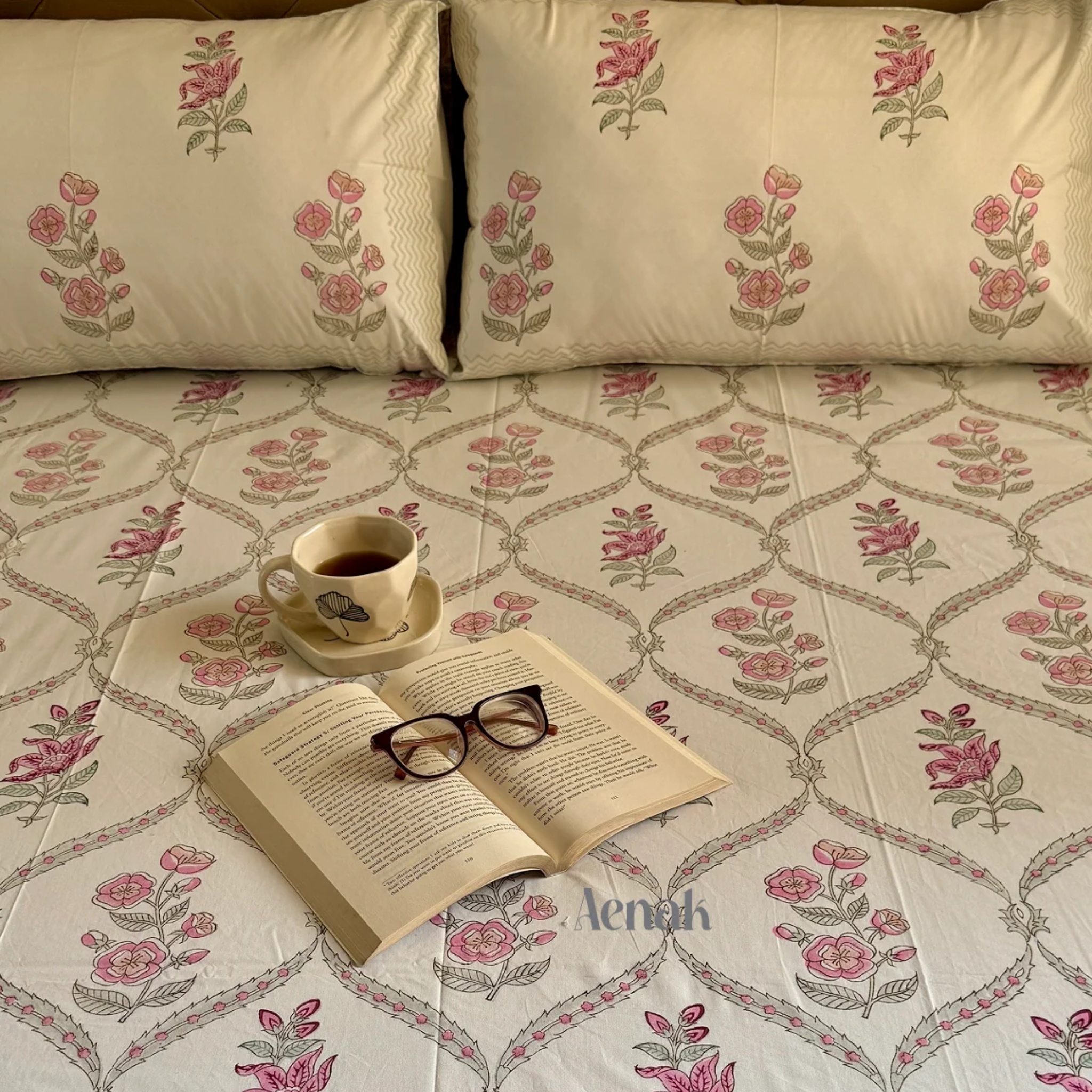 Pink Periwinkle Jaal Handblock Premium Cotton Bedsheet Set by Aenak Studios | Tooffi