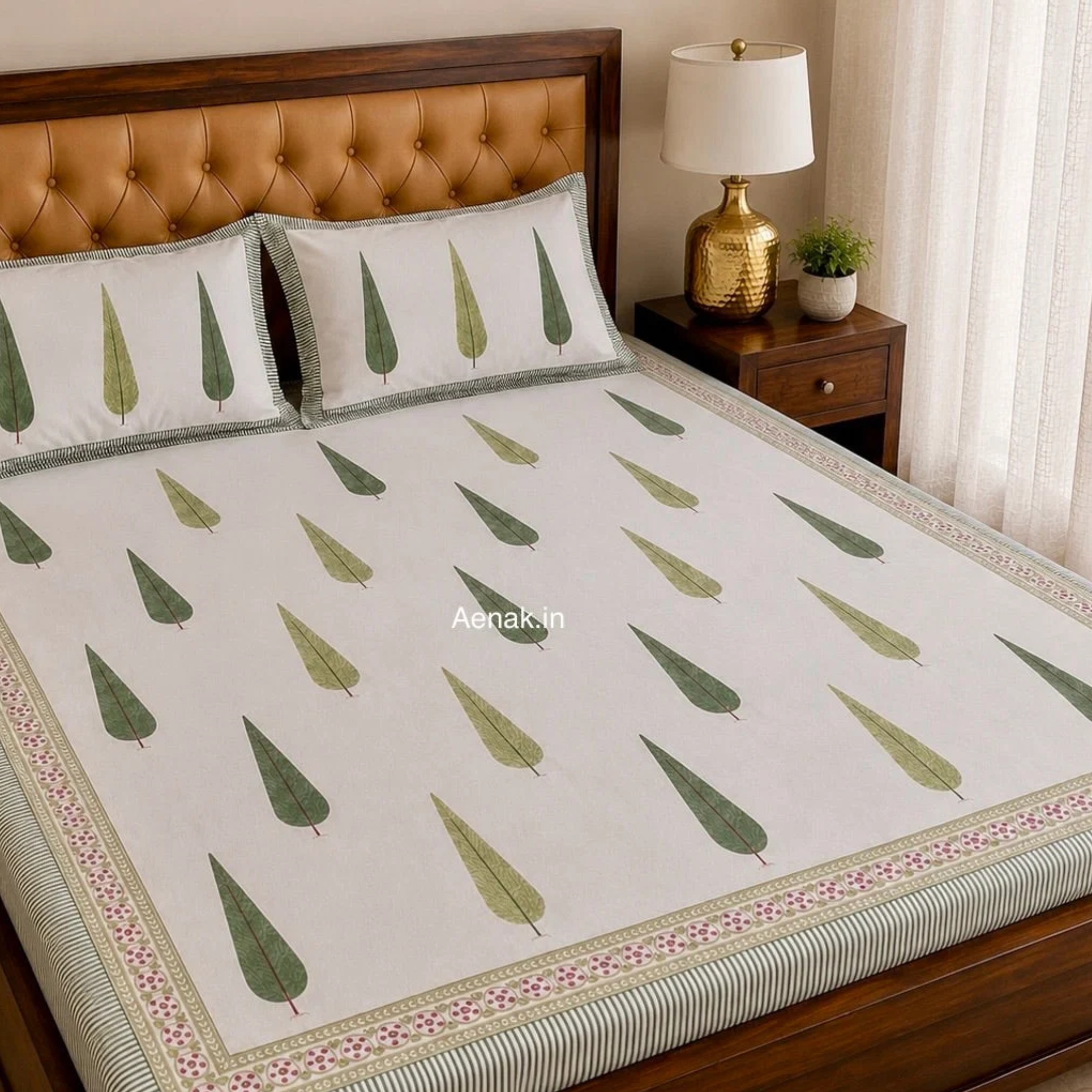 Green Cypress Handblock Premium Cotton Bedsheet Set by Aenak Studios | Tooffi