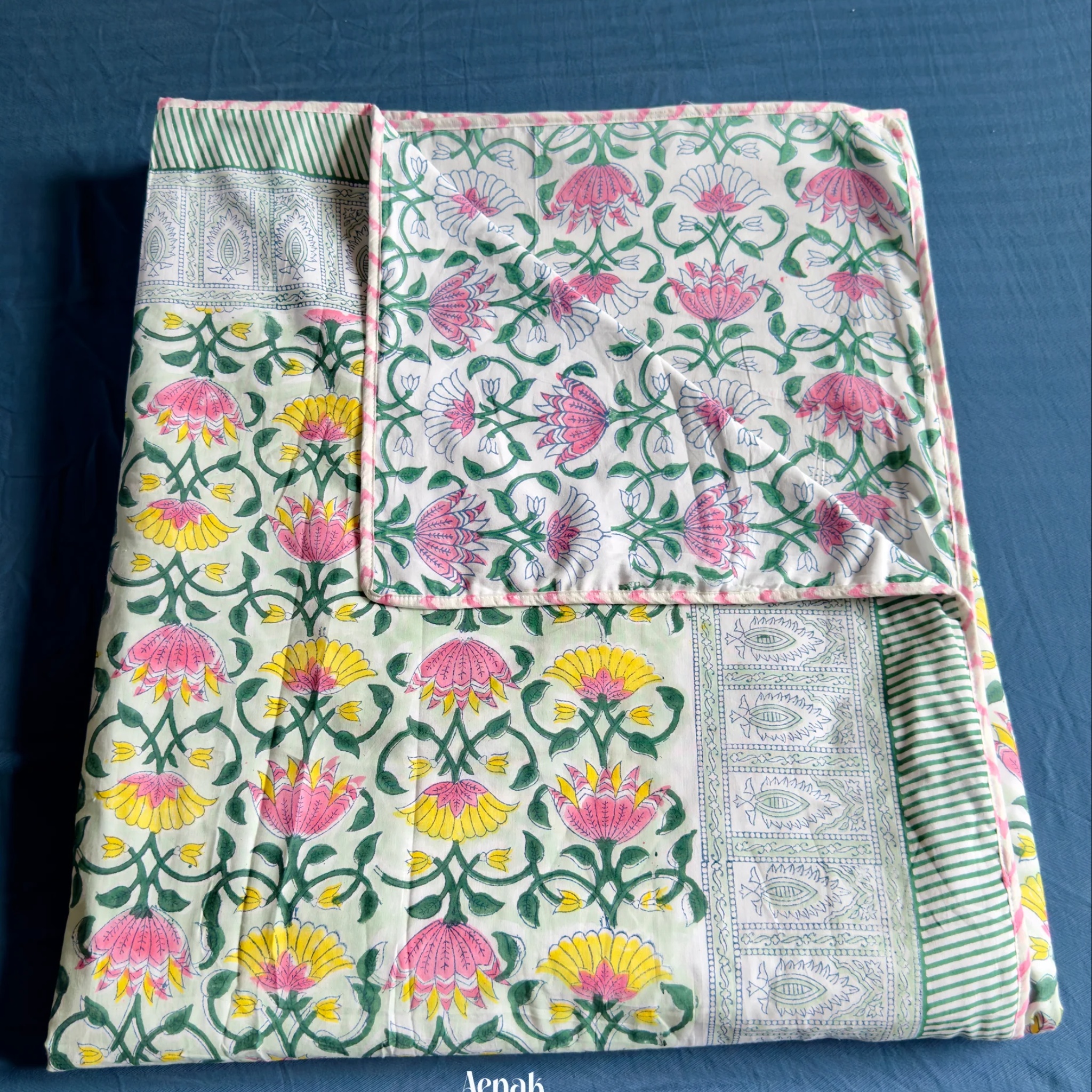 Pink & Yellow Lotus Handblock Mulmul Cotton Reversible Dohar by Aenak Studios | Tooffi