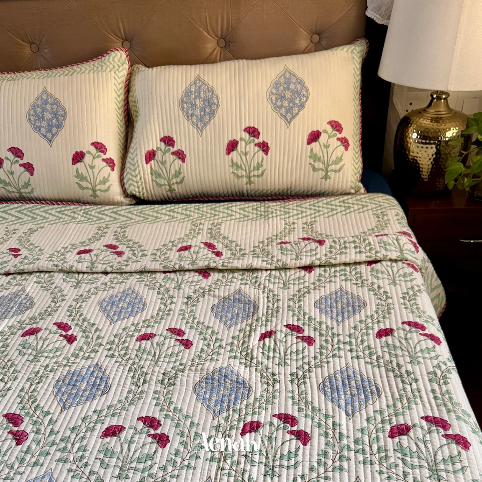 Pink Poppy Handblock Bedsheet + Quilted Bedcover Combo Set (Light Beige Base) by Aenak Studios | Tooffi
