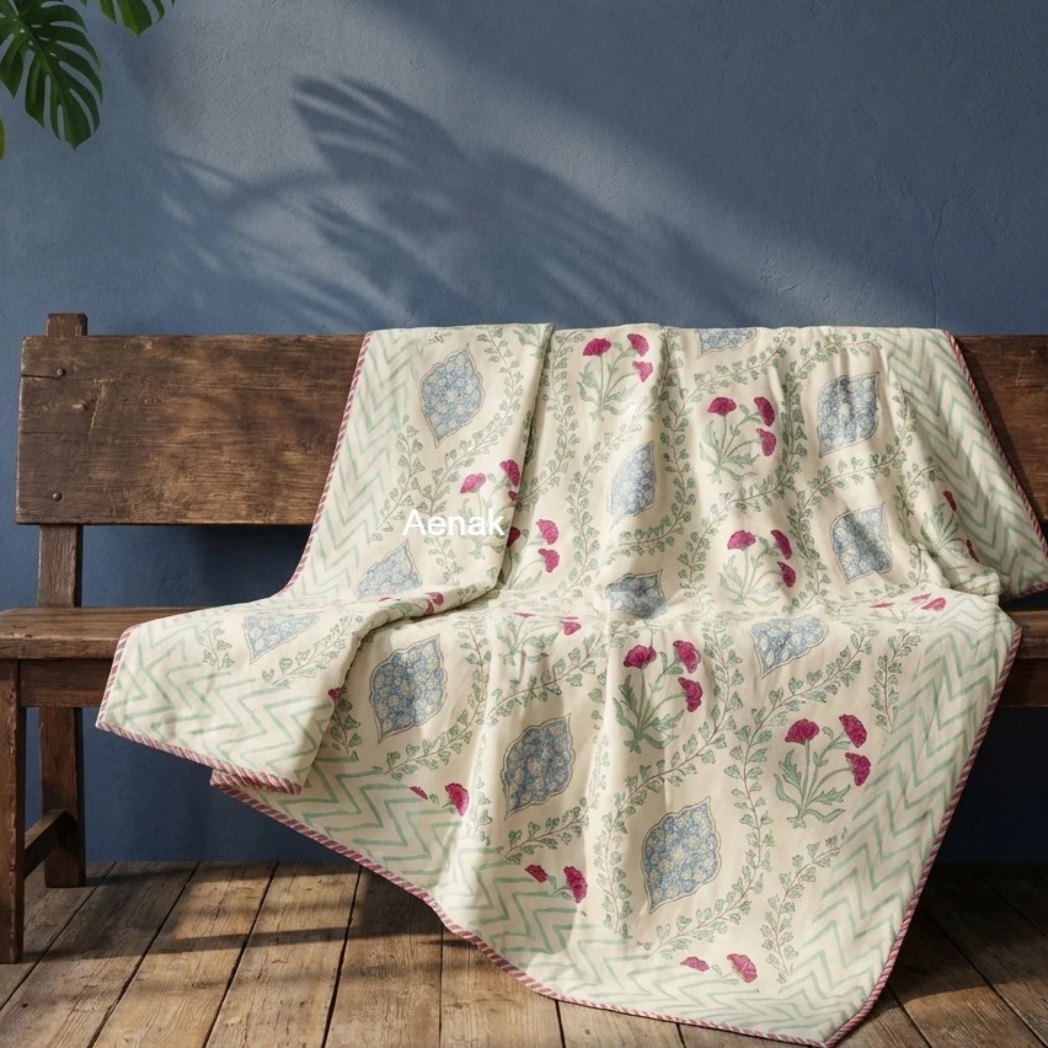 Pink Poppy Jaal Handblock Mulmul Cotton Reversible Dohar (Light Beige Base) by Aenak Studios | Tooffi