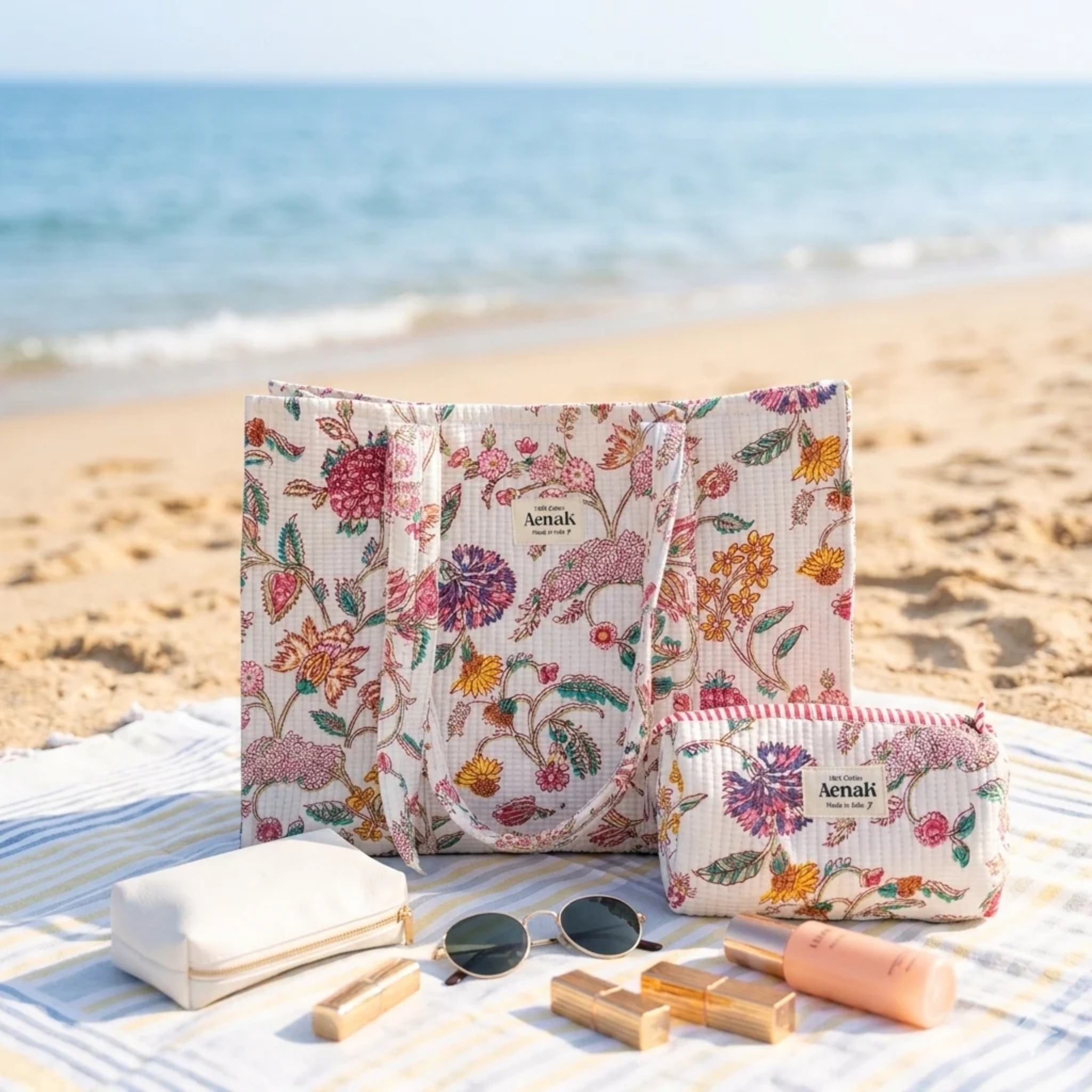 Purple & Pink Floral Garden Quilted Cotton Travel Bag + Vanity Pouch by Aenak Studios | Tooffi