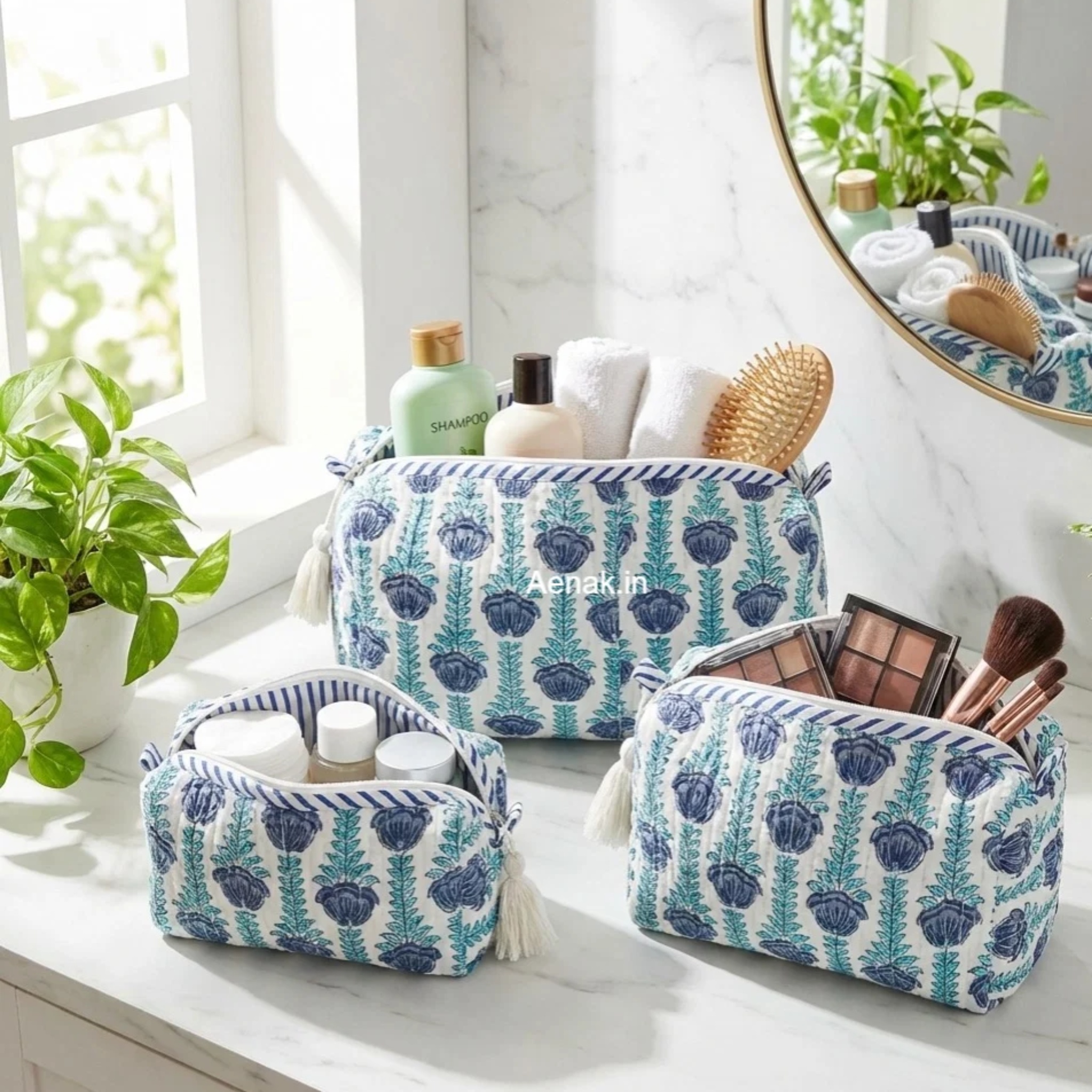 Blue Periwinkle Quilted Vanity Pouches-Set of 3 by Aenak Studios | Tooffi