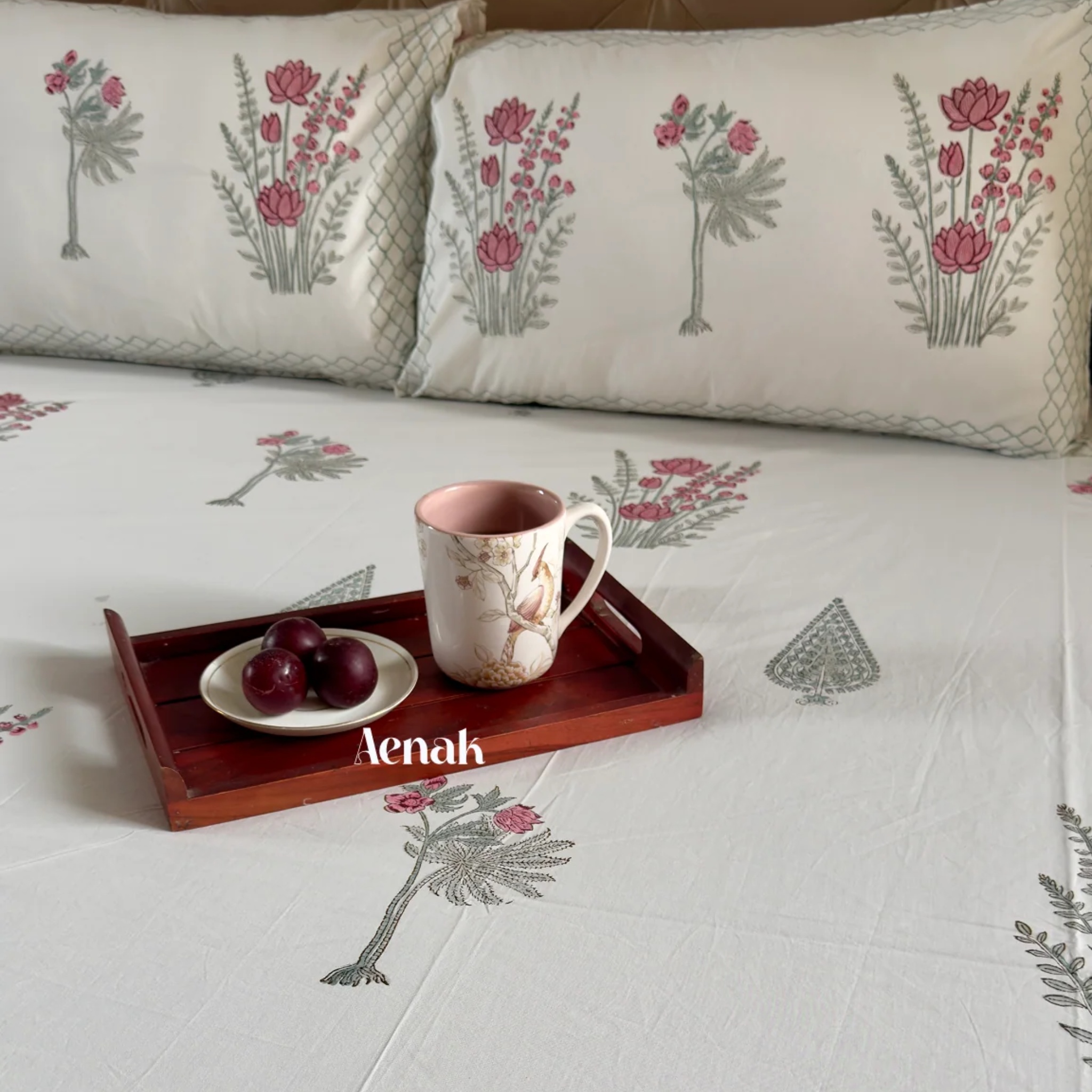 Green Ashoka Handblock Premium Cotton Bedsheet Set by Aenak Studios | Tooffi