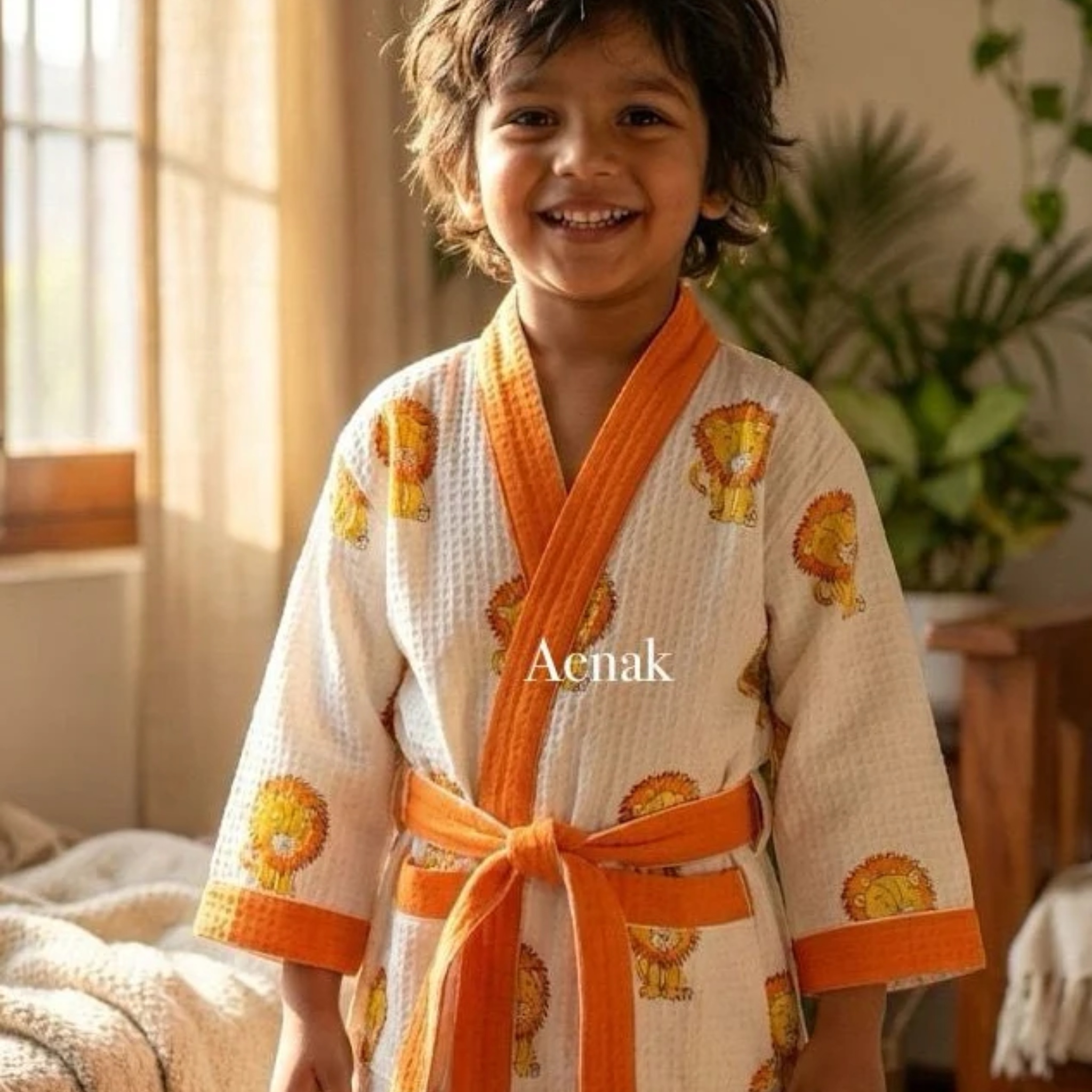 Yellow Lion Handblock Cotton Bathrobe Set by Aenak Studios | Tooffi