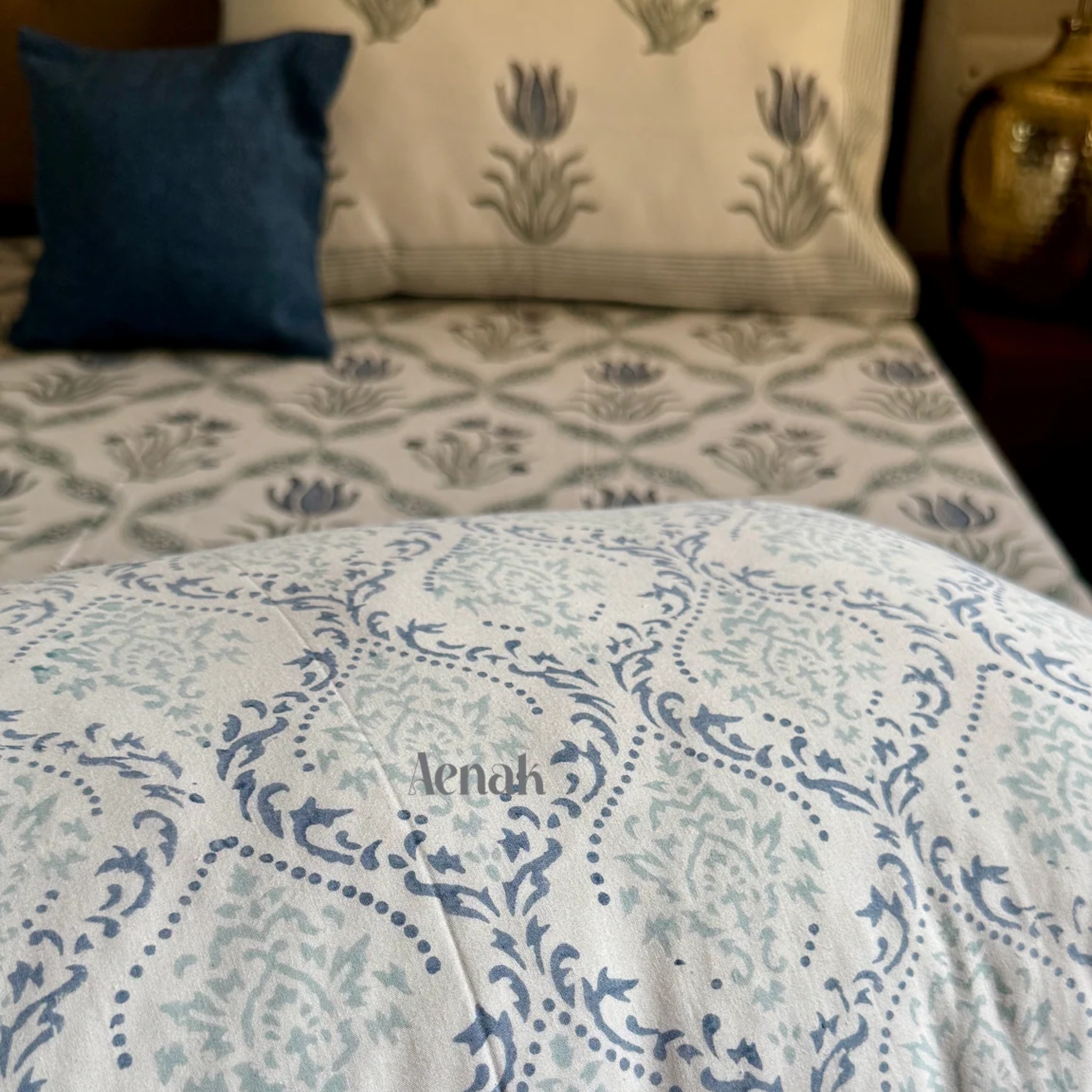 Blue Lotus Jaal Handblock Premium Cotton Bedsheet Set by Aenak Studios | Tooffi