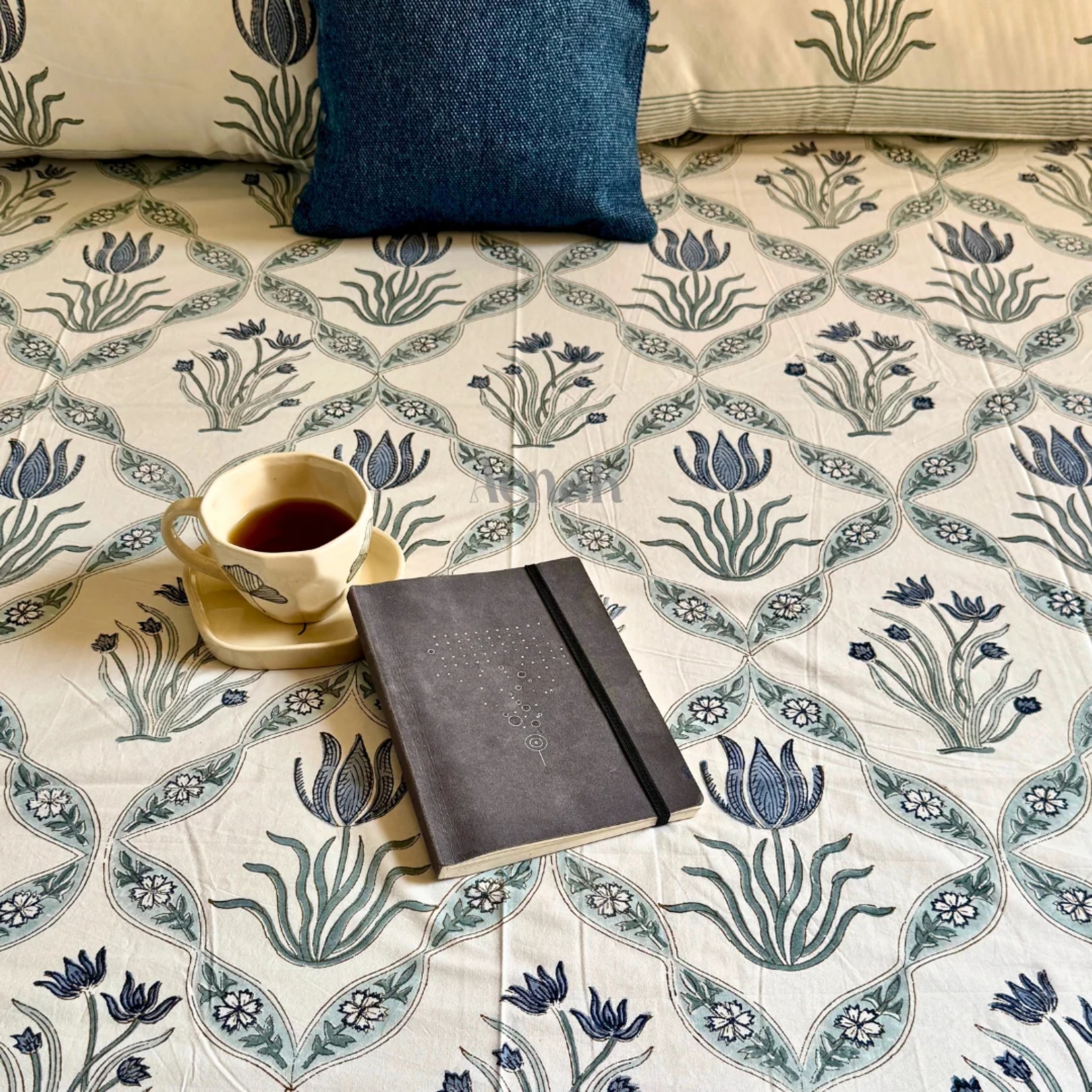 Blue Lotus Jaal Handblock Premium Cotton Bedsheet Set by Aenak Studios | Tooffi