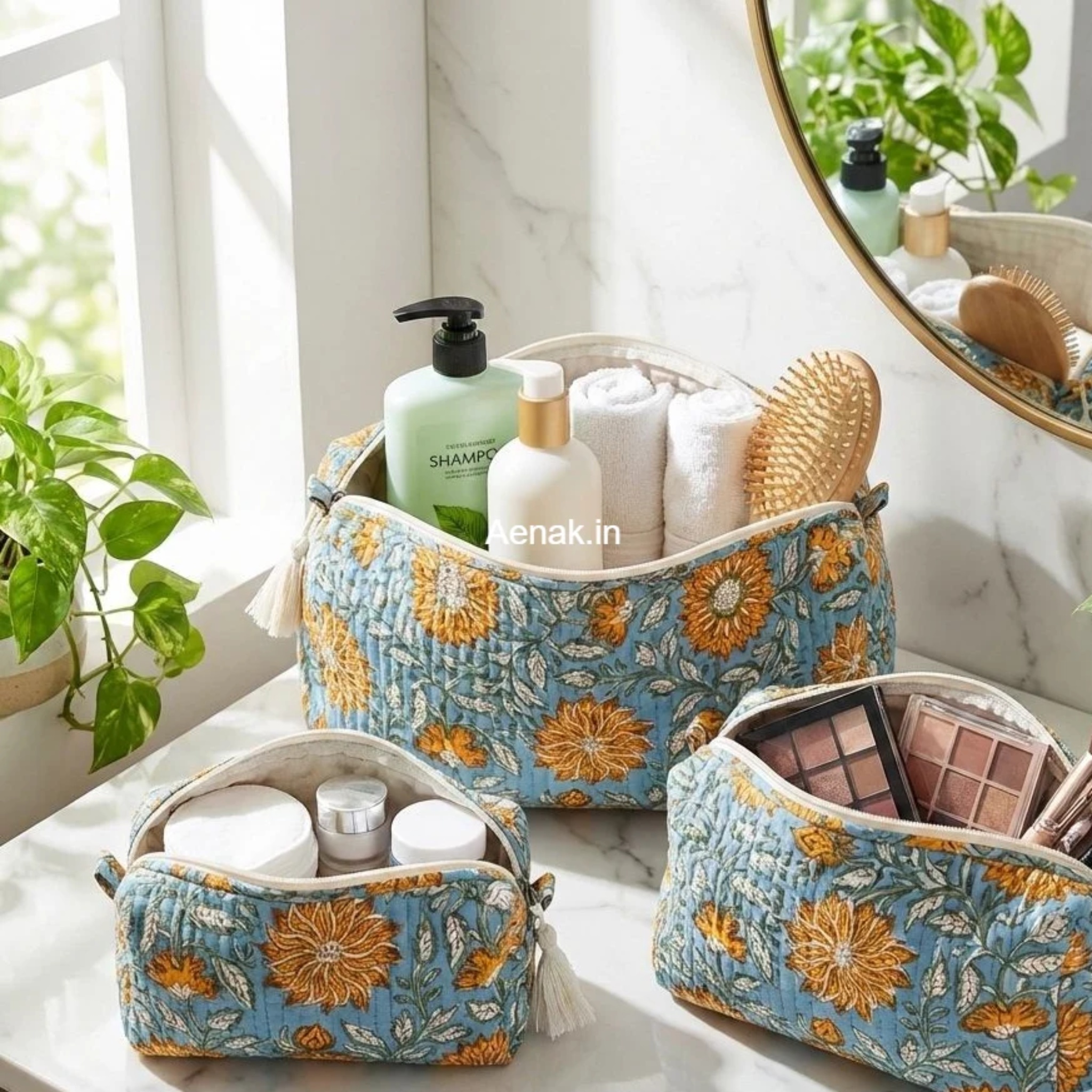 Orange Sunflower Quilted Vanity Pouches-Set of 3 by Aenak Studios | Tooffi