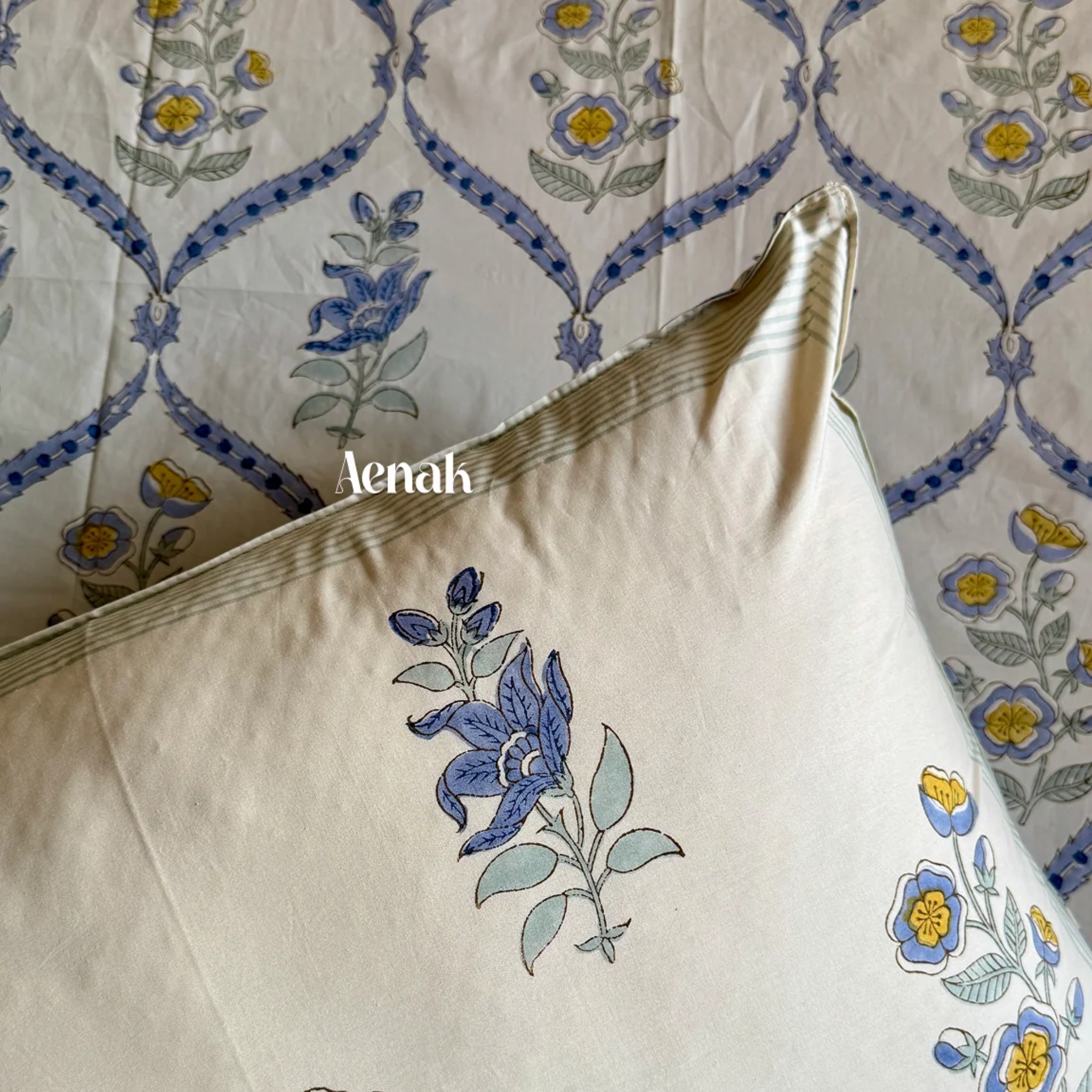 Blue Periwinkle Handblock Bedsheet + Dohar Combo Set (Beige Base) by Aenak Studios | Tooffi