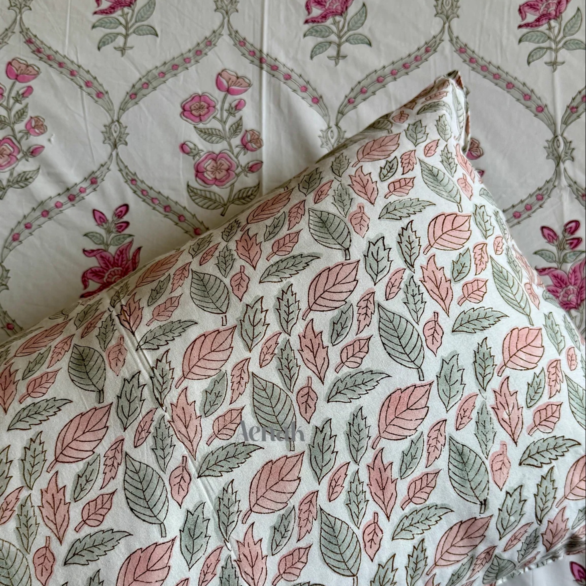 Pink Periwinkle Jaal Handblock Premium Cotton Bedsheet Set by Aenak Studios | Tooffi