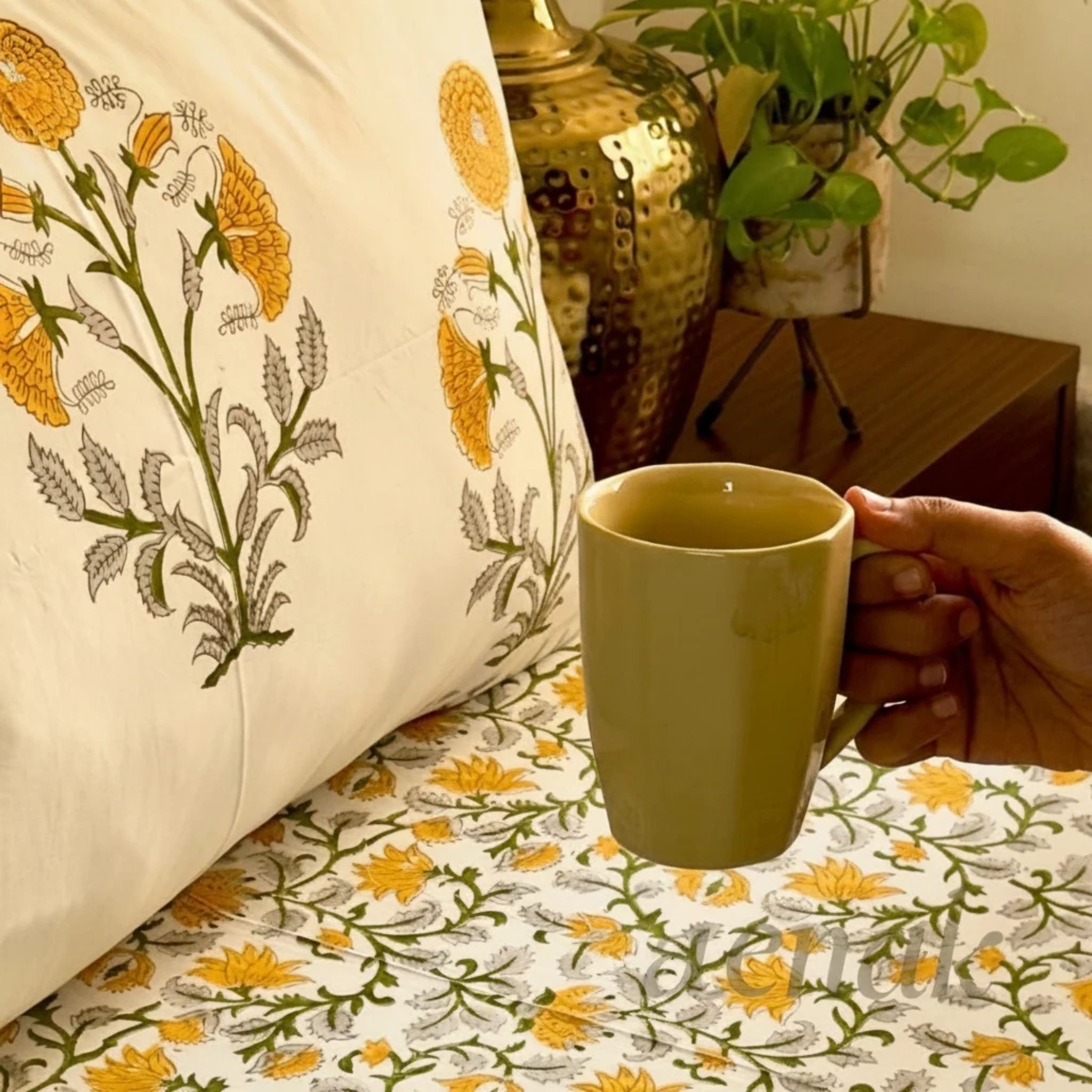 Yellow Marigold Handblock Printed Premium Cotton Bedsheet Set by Aenak Studios | Tooffi