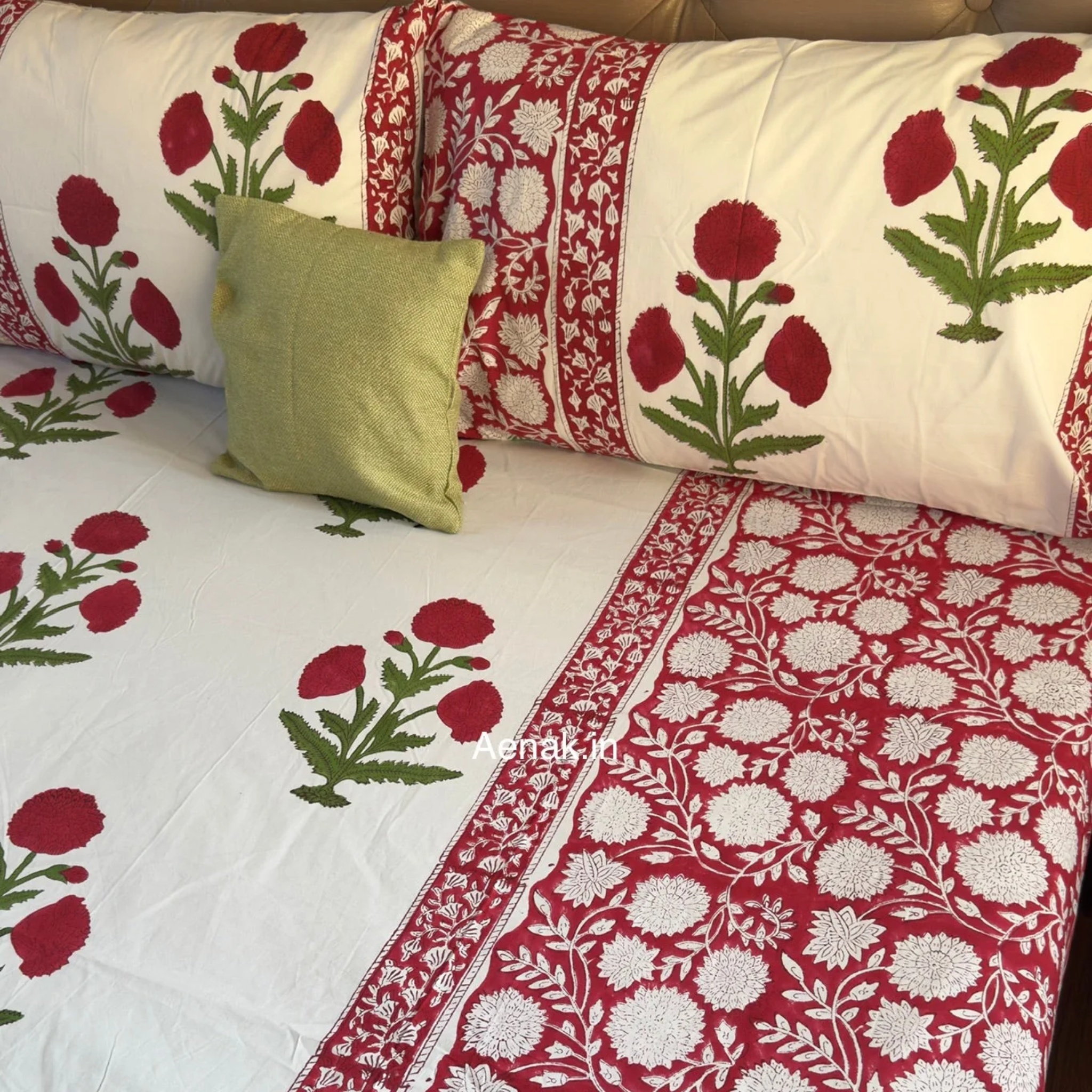 Red Dahlia Gadd Handblock Premium Cotton Bedsheet Set by Aenak Studios | Tooffi