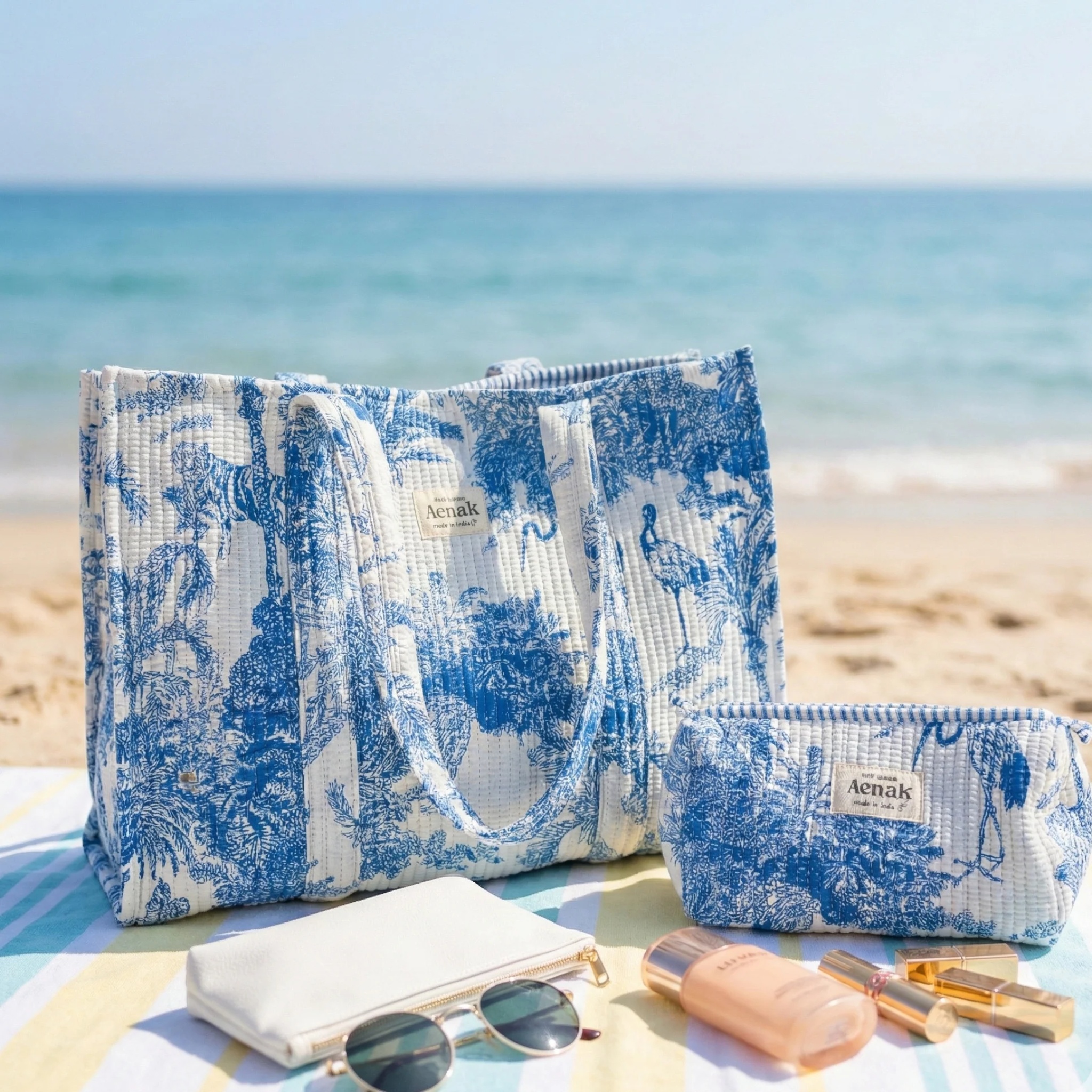 Blue Jungle Quilted Cotton Travel Bag + Vanity Pouch by Aenak Studios | Tooffi