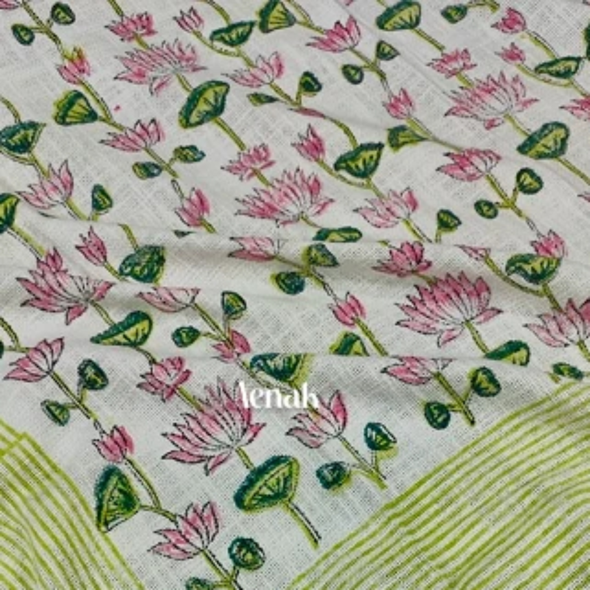 Handblock Jute Cotton Dhurrie — Pink and Green by Aenak Studios | Tooffi