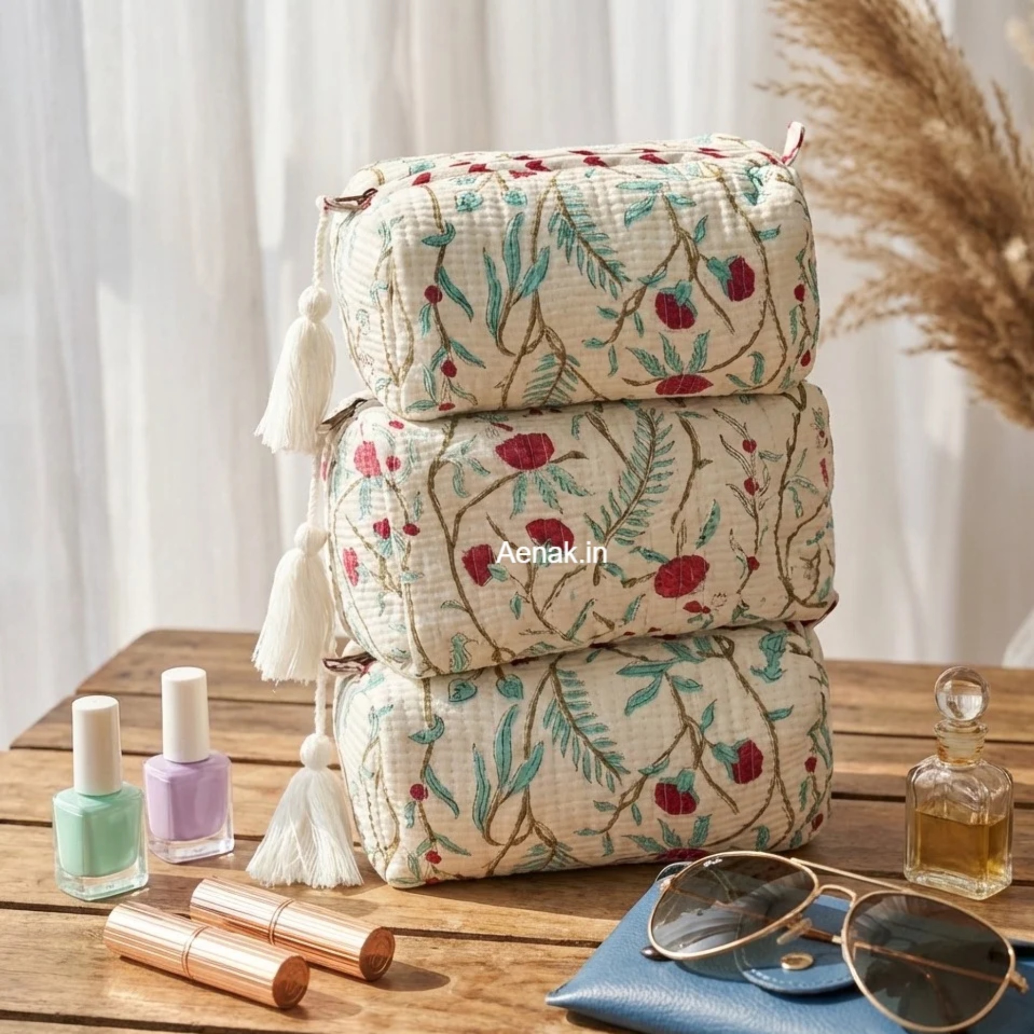 Teal Blue Jaal Quilted Vanity Pouches-Set of 3 by Aenak Studios | Tooffi