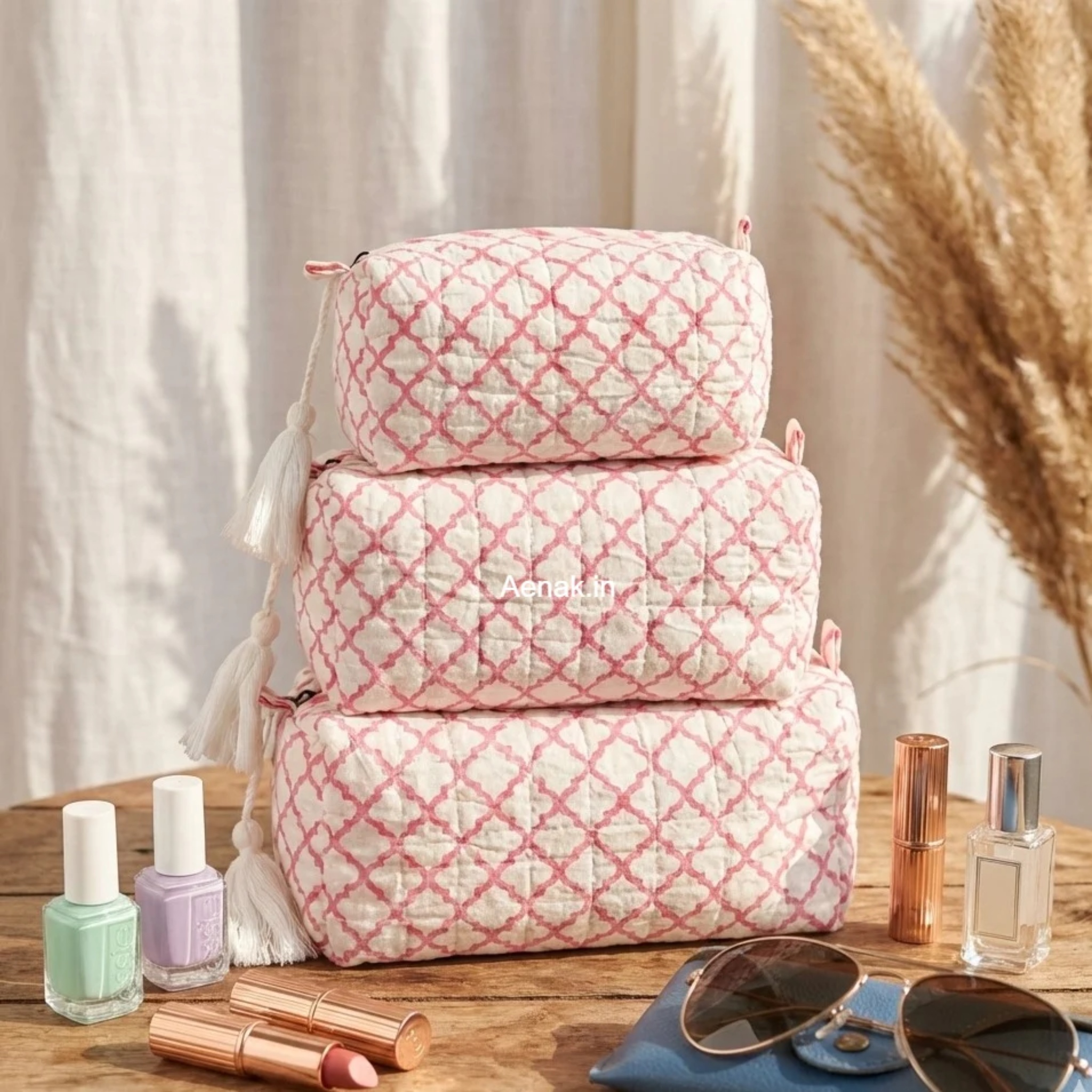 Pink Jaal Quilted Vanity Pouches-Set of 3 by Aenak Studios | Tooffi