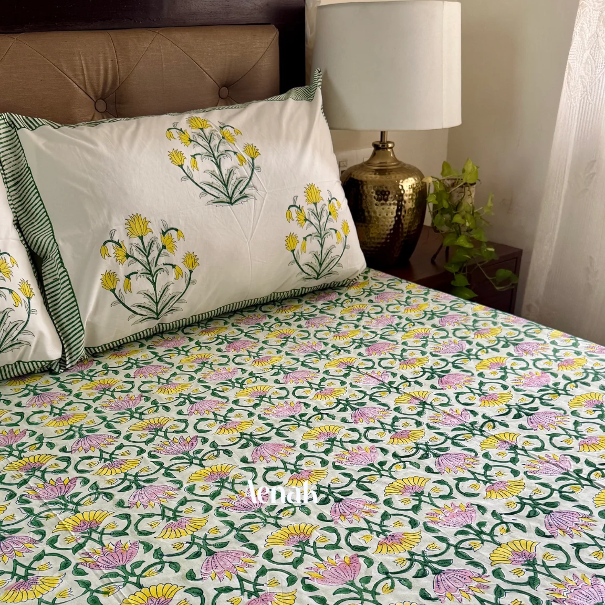 Pink & Yellow Lotus Handblock Printed Premium Cotton Bedsheet Set by Aenak Studios | Tooffi